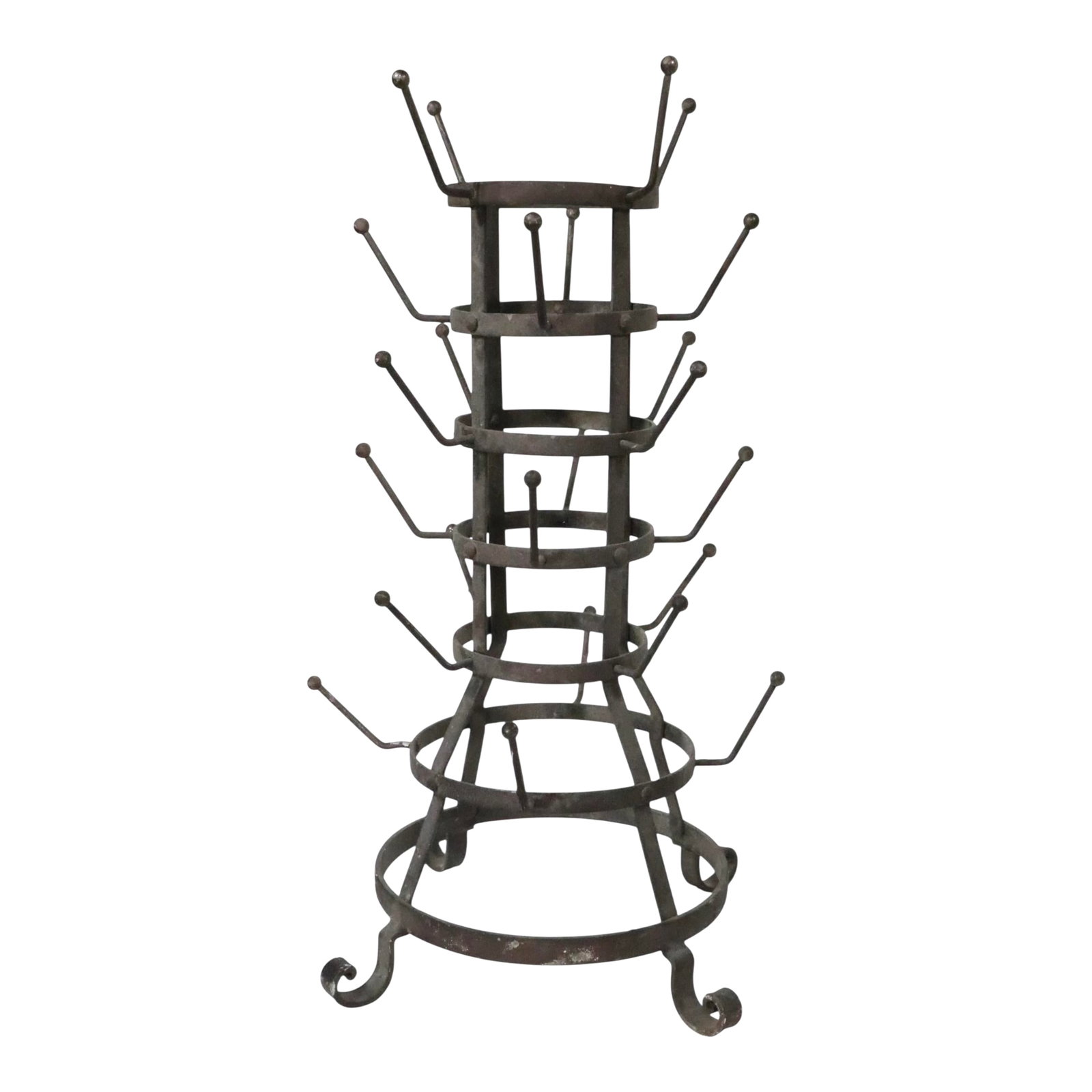 French Wine Bottle Tree C 1900/1920: Industrial style French wine tree rack, having 6 tiers and a total of 24 bottle hooks. Nice unusual smaller scale, most of these are a larger more commercial scale. This example is in very good, origi