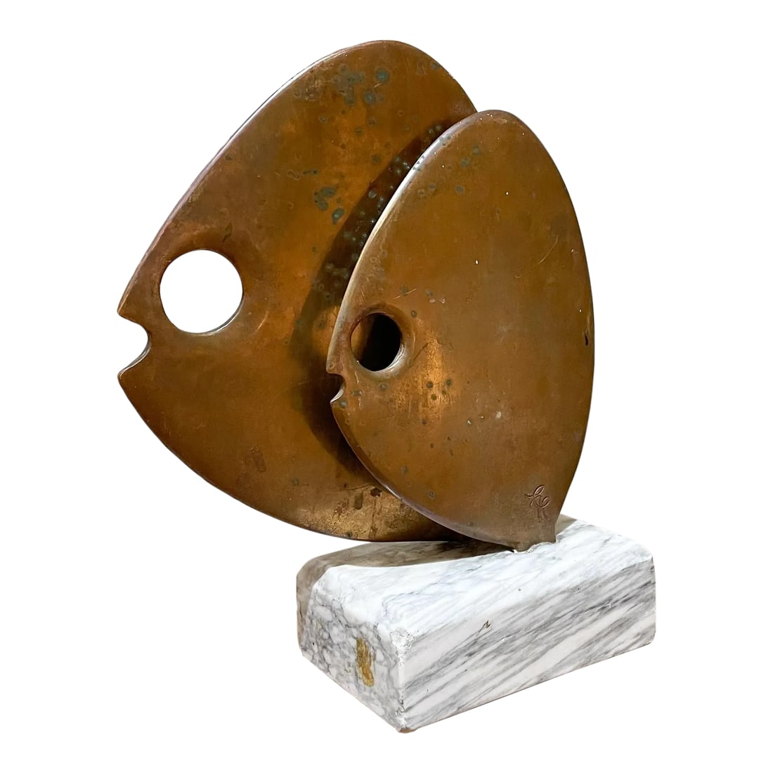 1970s Modernist Sculpture Bronze Fish Marble 39/500: AMBIANIC presents 1970s sculpture two bronze fish mounted on marble Mexico City Ideal as a letter holder desk accessory Midcentury abstract modern design style of Curtis Jere Signed and edition stampe