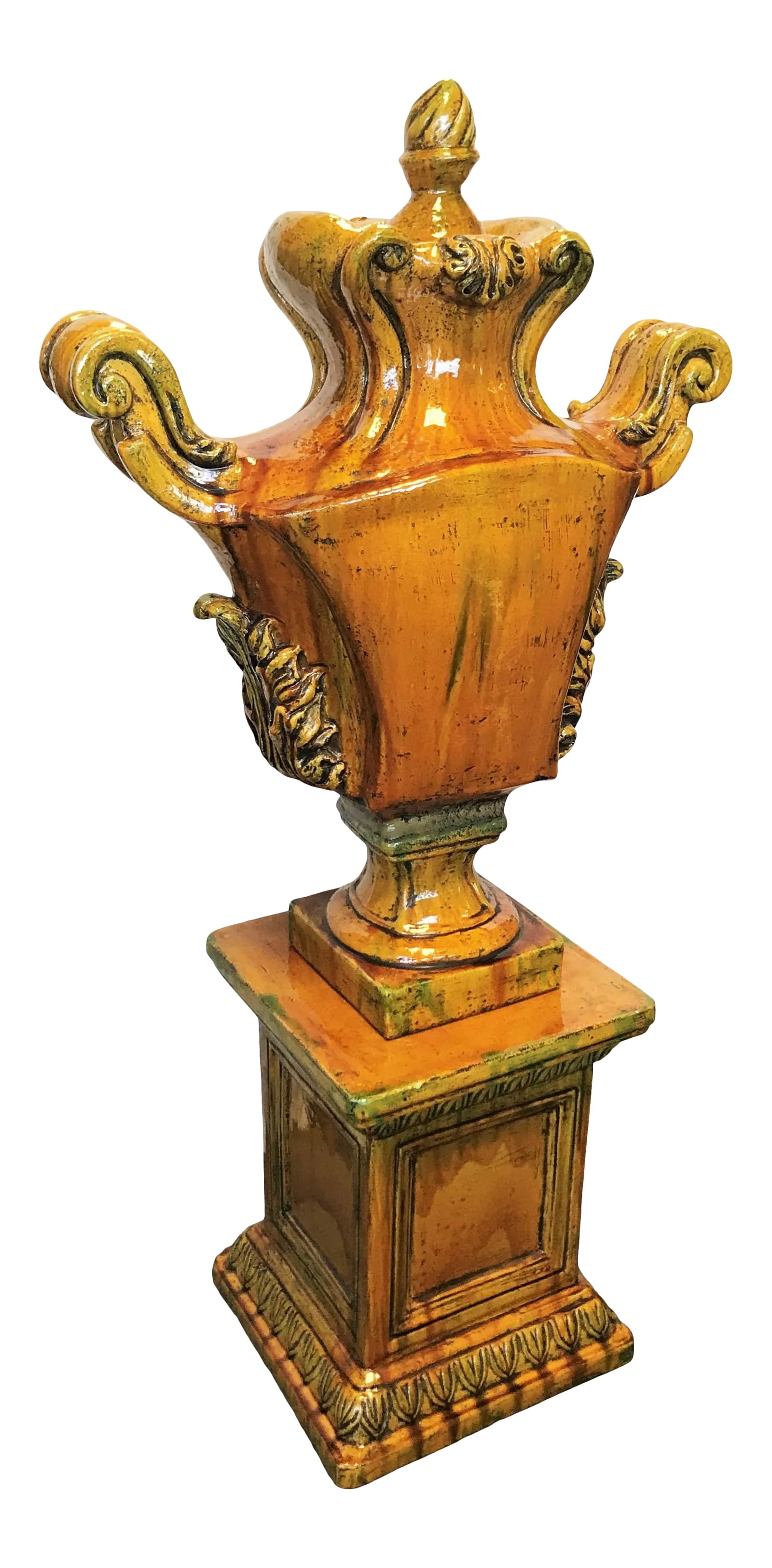 Italian Ceramic Large Lidded Urn on Pedestal: Wow! This is a stunning Italian ceramic large lidded urn on a pedestal base. It is finished in a gorgeous golden ochre glaze with accents of burnt sienna and green. Comes in three pieces, and is very