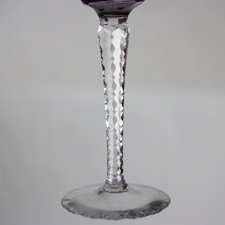 Antique Bohemian Amethyst Floral Cut to Clear Crystal Stemmed Wine Goblets - Set of 3 - 5