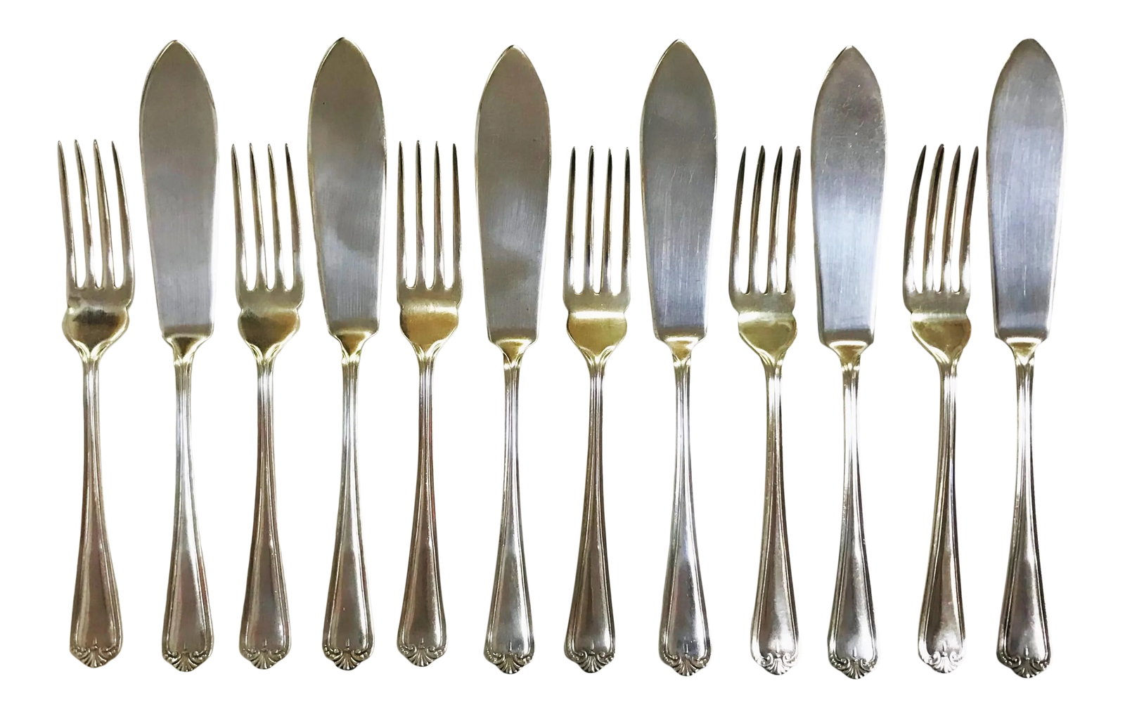 Needham, Veall & Tyzack Sheffield Fish Cutlery C1900- Set of 12: So fancy! This antique set of twelve was designed by Needham, Veall & Tyzack in the early 1900's. The set includes six knives, and six forks. Each is stamped 'Eye Witness Sheffield' and 'EPNS- A1.'