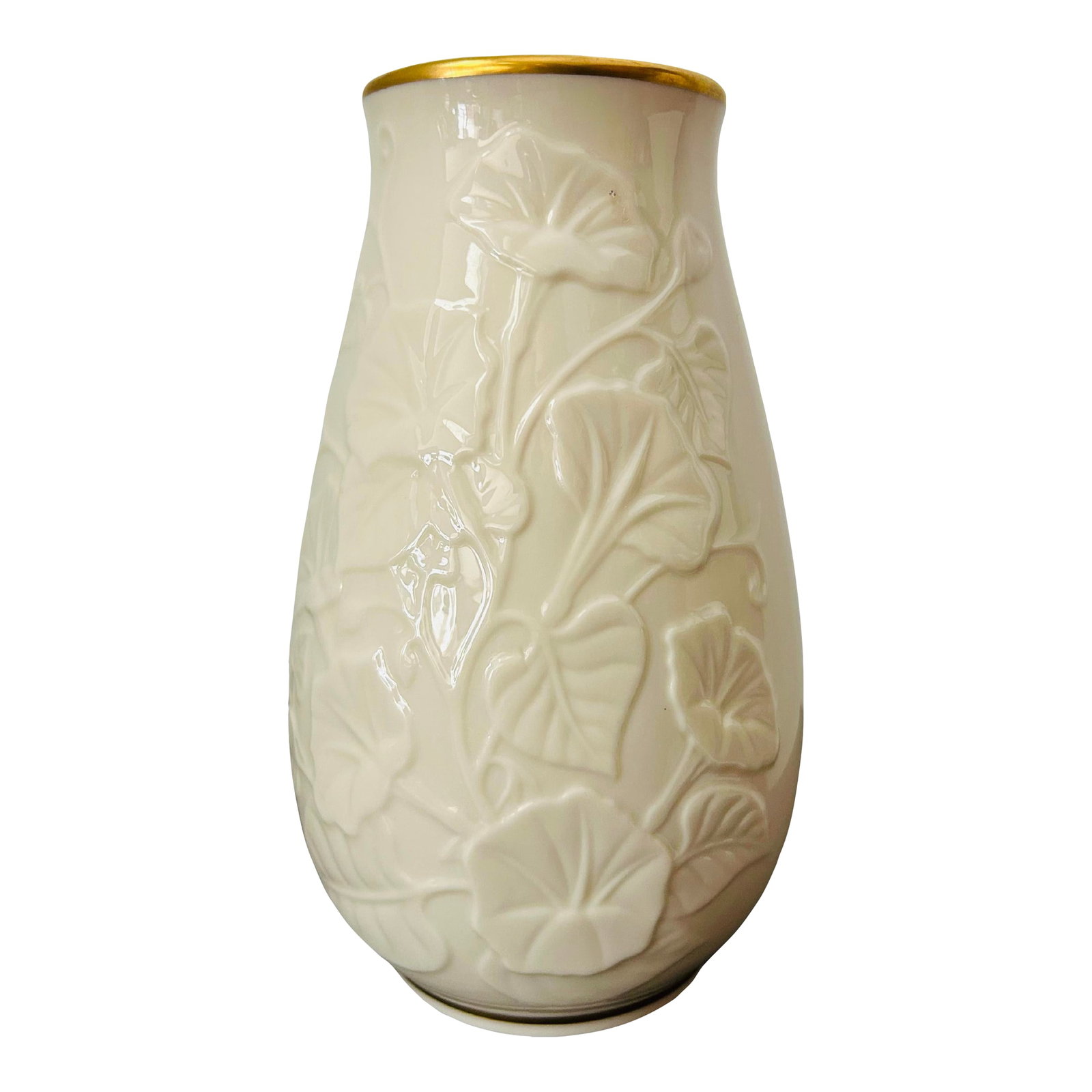 Late 20th Century Lenox Morning Glory Collection Ivory Porcelain Vase With 24k Gold Trim –: Lenox Morning Glory Collection Ivory Porcelain Vase with 24K Gold Trim – Embossed Floral Bone China, Made in USA This elegant Lenox Morning Glory Collection vase is crafted from fine ivory porce
