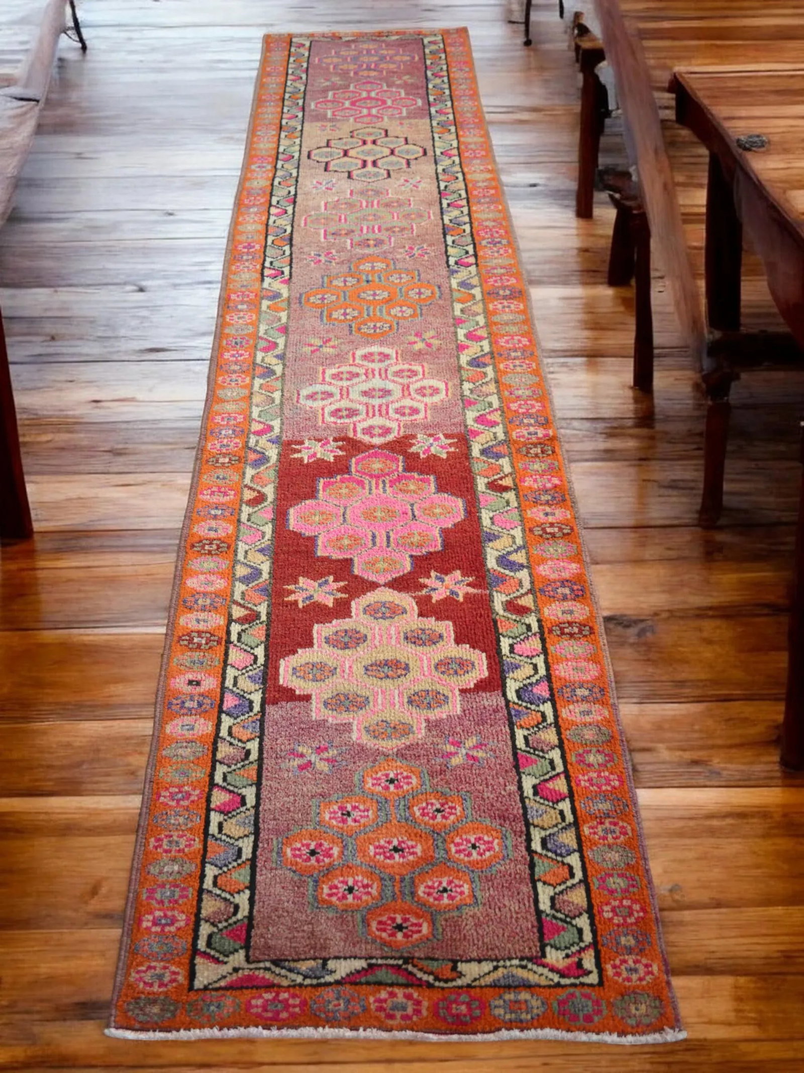 1970s Hand Knotted Pink and Orange Runner - 3