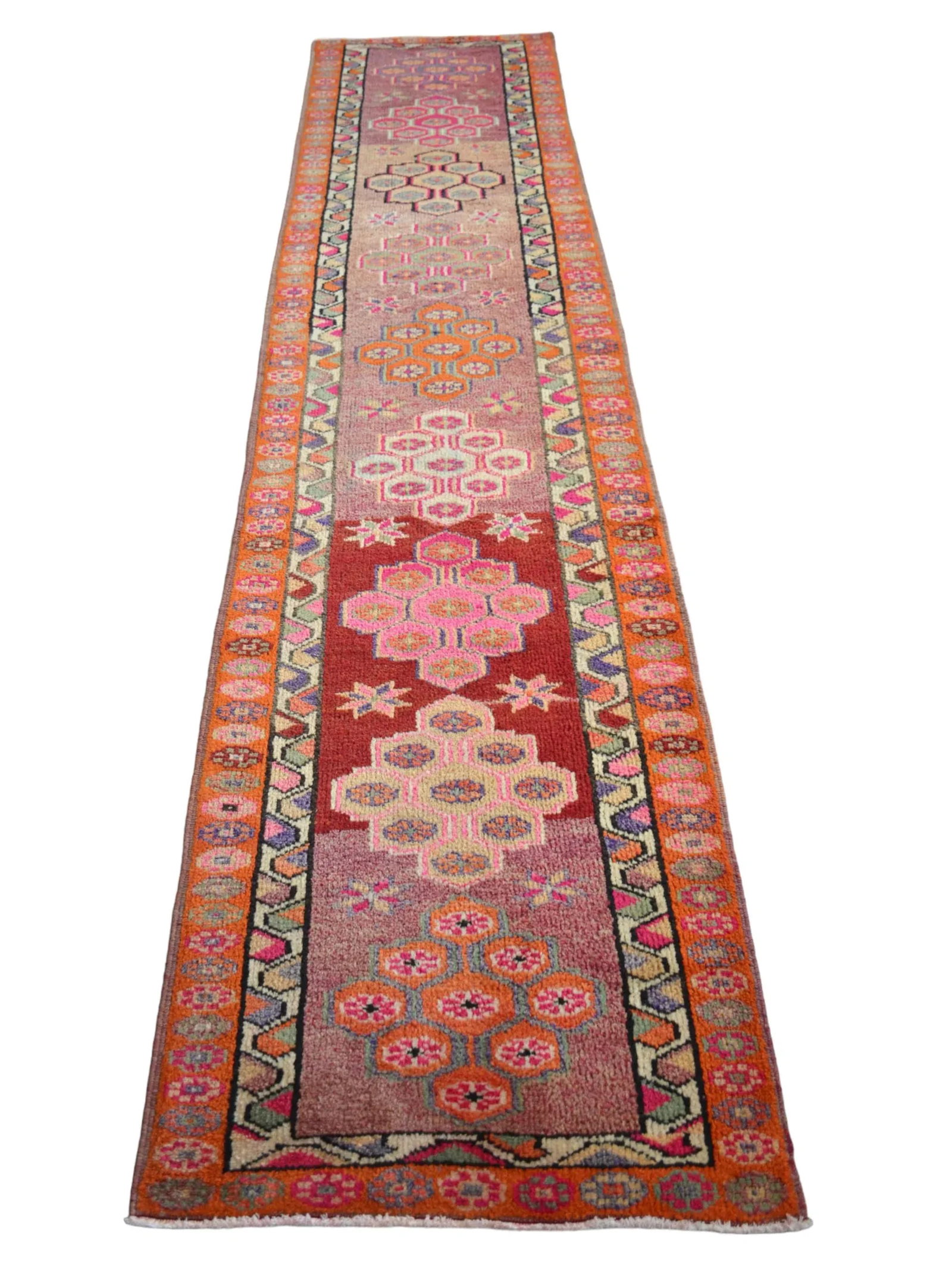 1970s Hand Knotted Pink and Orange Runner - 7