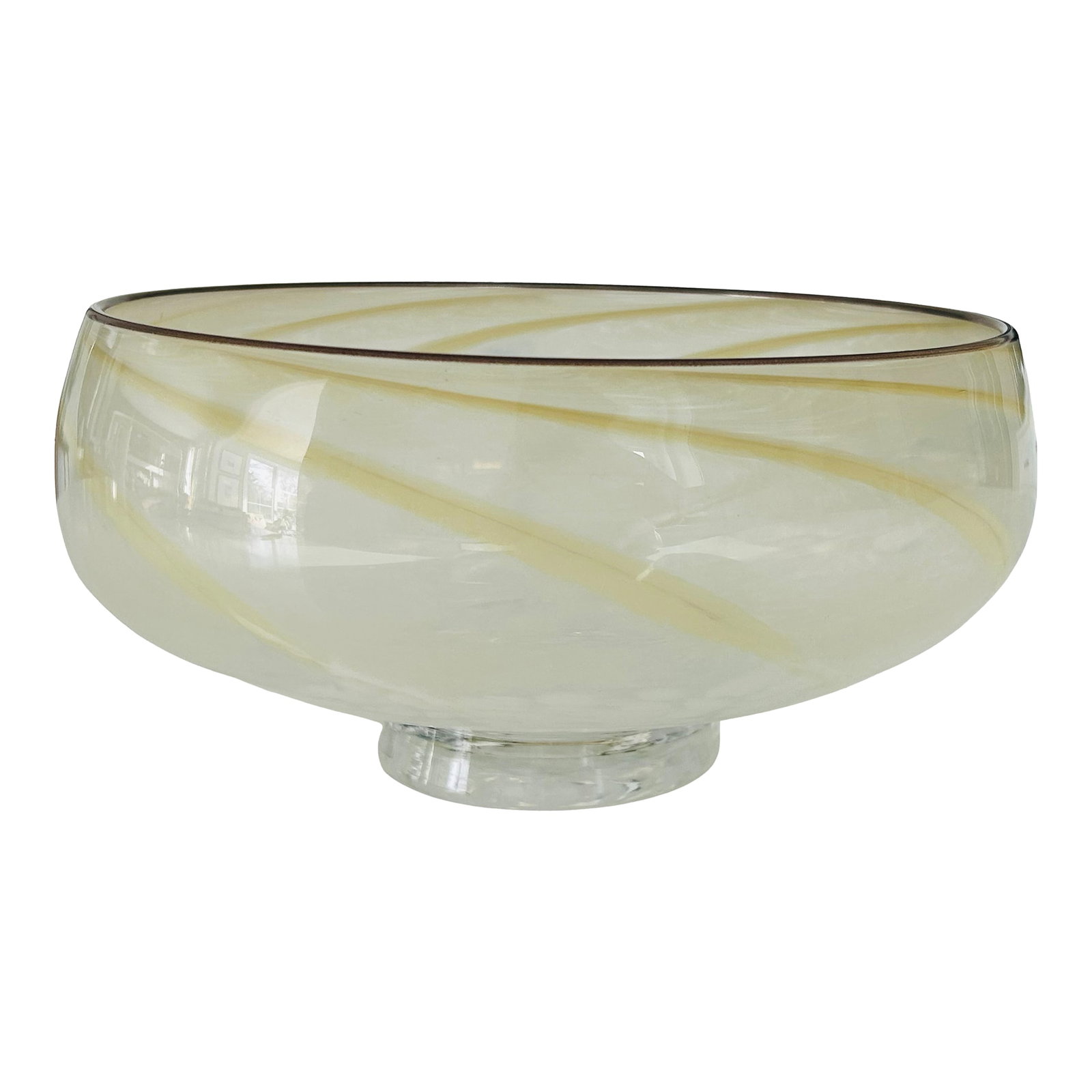 Vintage Hand-Blown Studio Art Glass Compote Bowl With Caramel Ribbon Swirl | Mid-Century Murano-Styl (1 of 12)