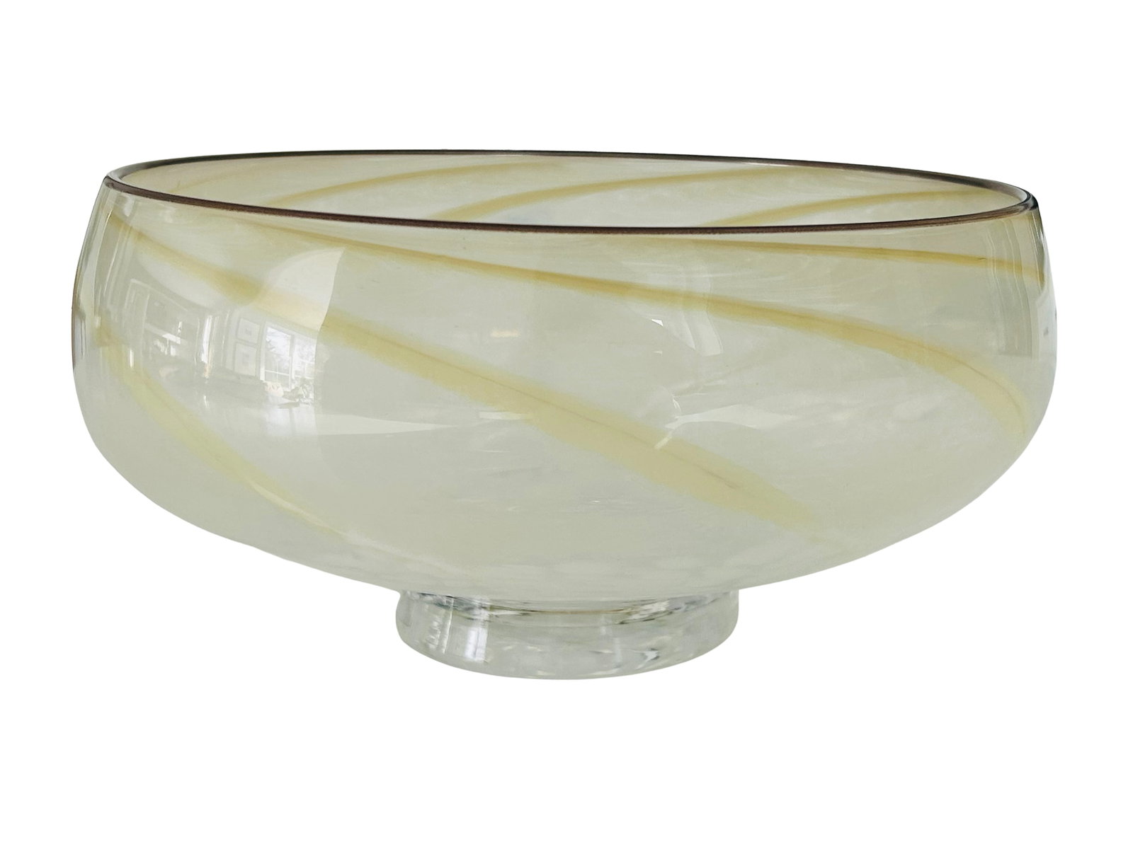 Vintage Hand-Blown Studio Art Glass Compote Bowl With Caramel Ribbon Swirl | Mid-Century Murano-Styl - 2