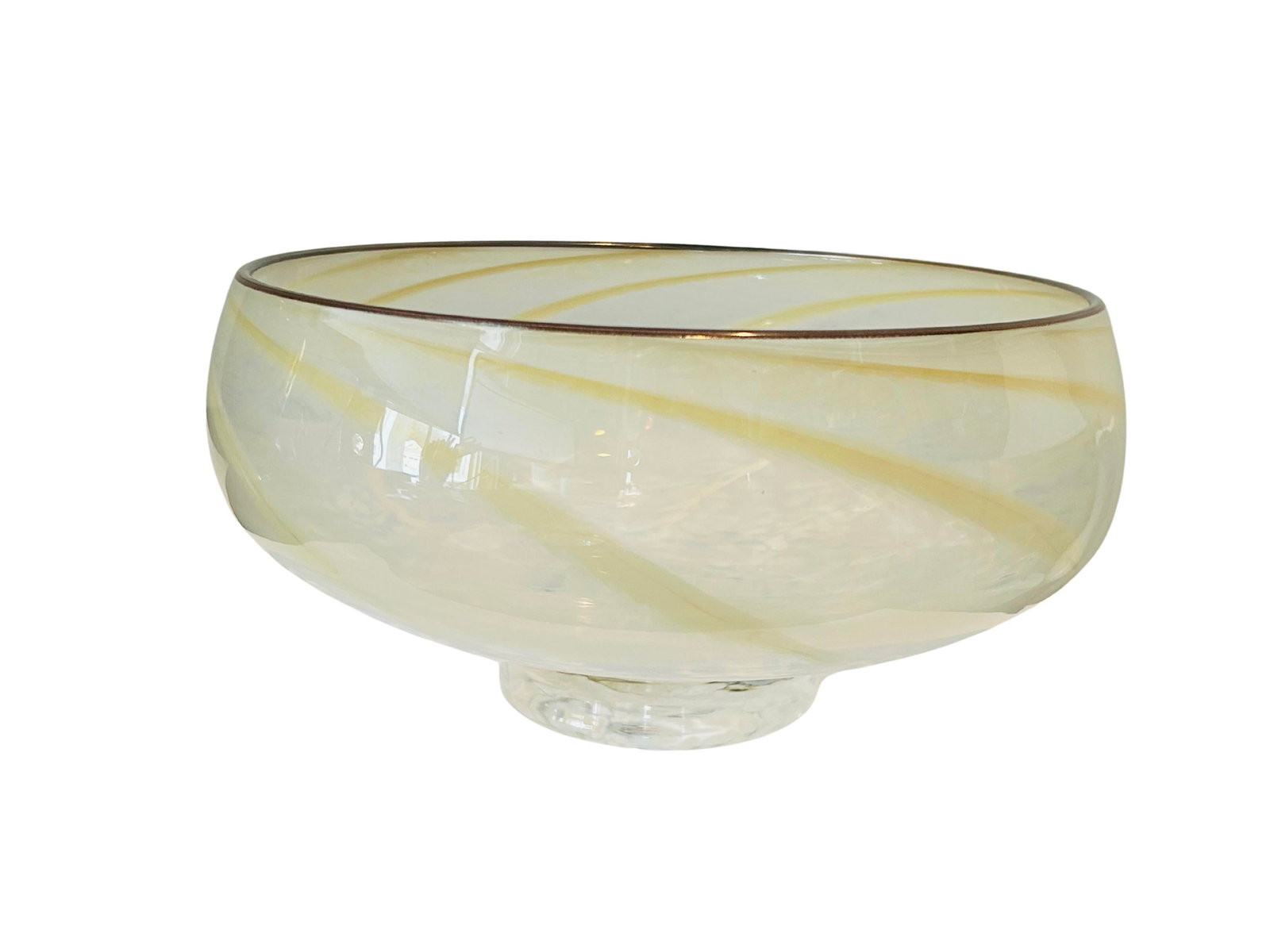 Vintage Hand-Blown Studio Art Glass Compote Bowl With Caramel Ribbon Swirl | Mid-Century Murano-Styl - 3