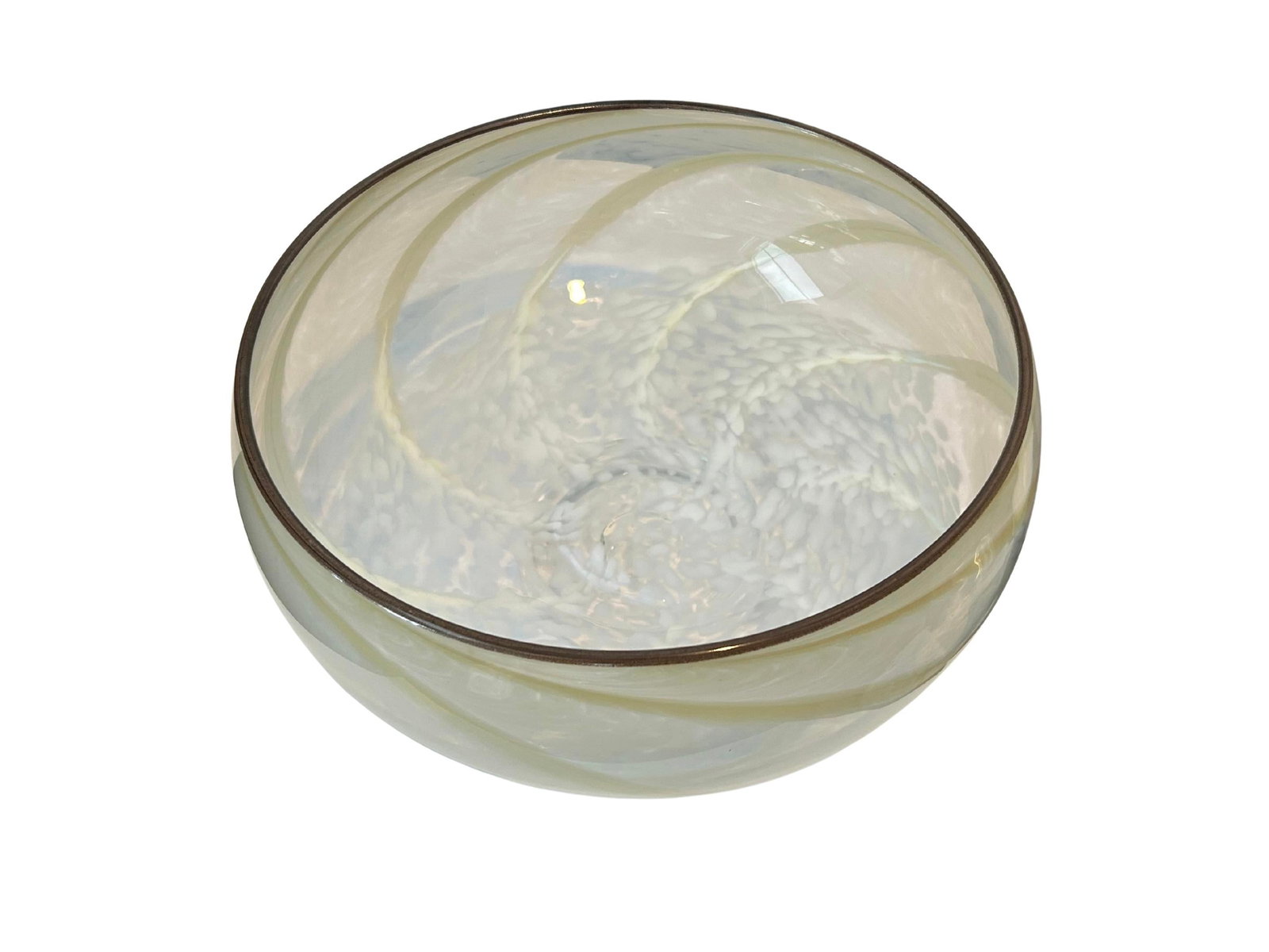Vintage Hand-Blown Studio Art Glass Compote Bowl With Caramel Ribbon Swirl | Mid-Century Murano-Styl - 4