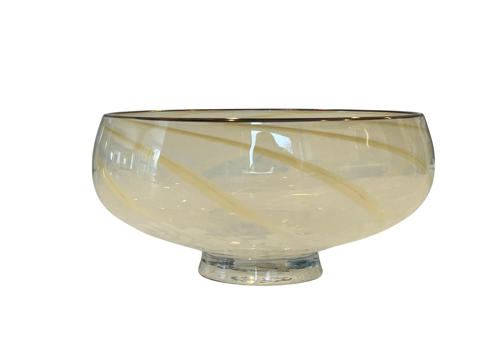 Vintage Hand-Blown Studio Art Glass Compote Bowl With Caramel Ribbon Swirl | Mid-Century Murano-Styl - 8