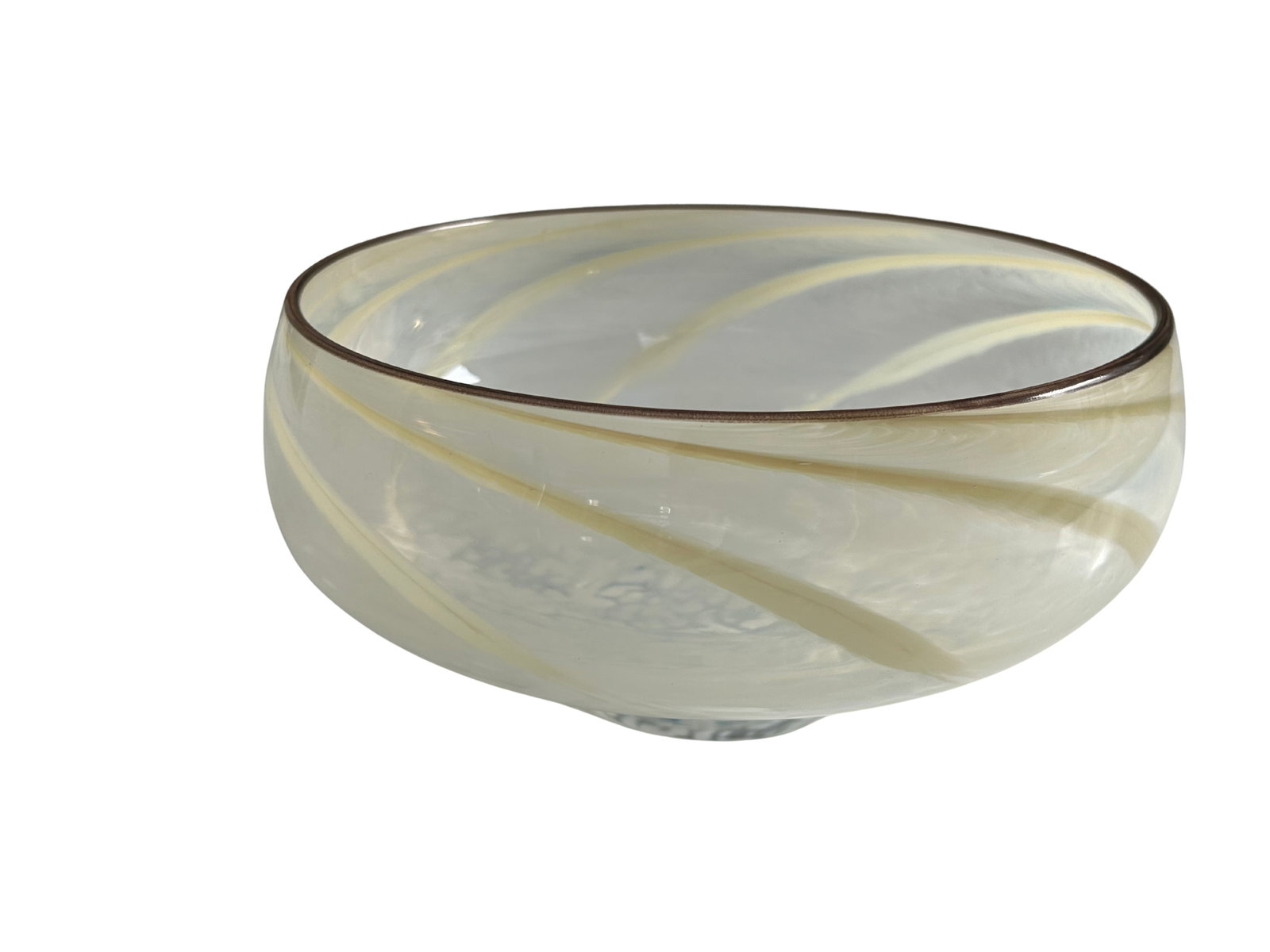 Vintage Hand-Blown Studio Art Glass Compote Bowl With Caramel Ribbon Swirl | Mid-Century Murano-Styl - 9