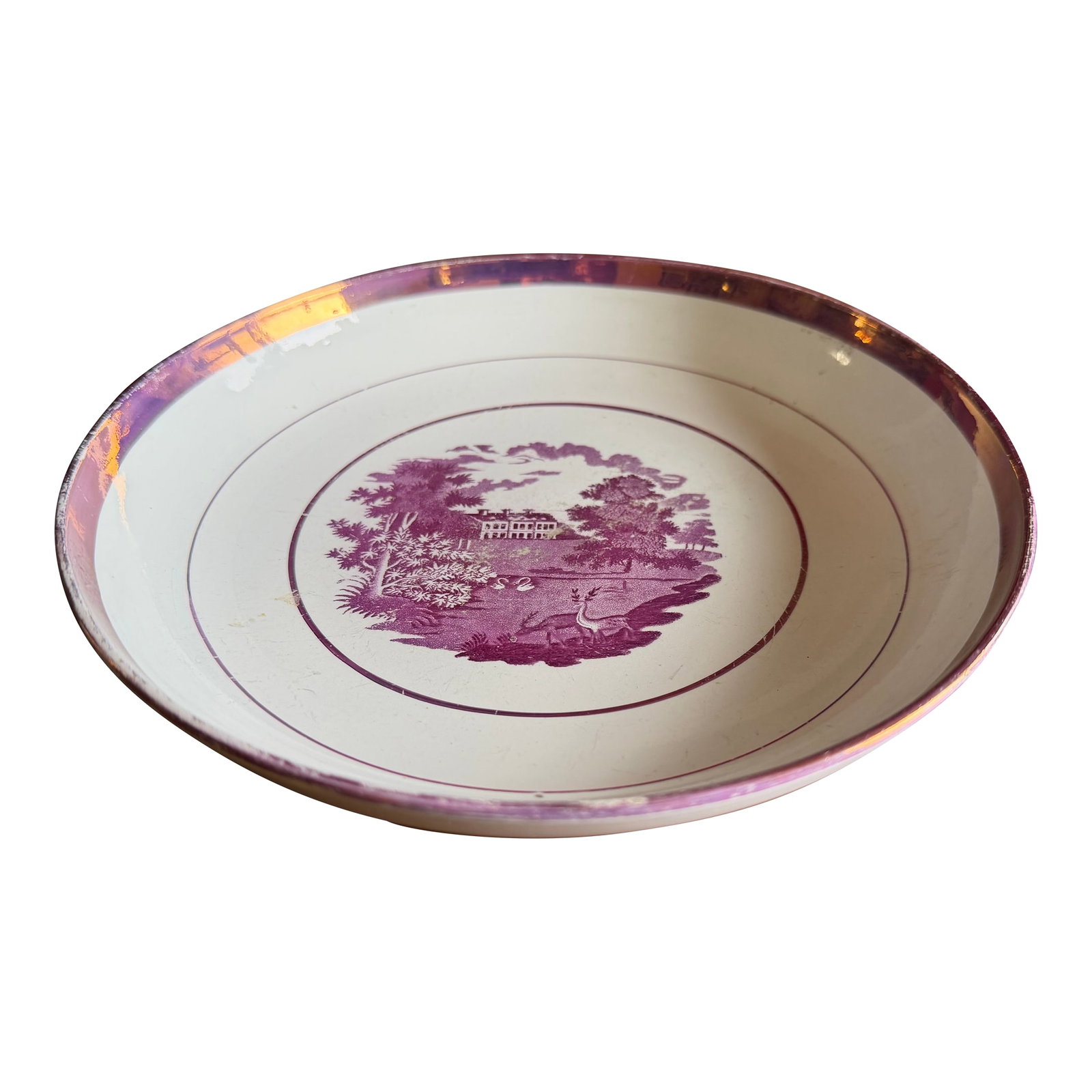Rare Antique Pink Lustre and Bat Printed Pearlware Low Serving Bowl, Attributed to Thomas Wolfe, Cir: Rare Antique Pink Lustre and Bat Printed Pearlware Low Serving Bowl, Attributed to Thomas Wolfe, Circa 1805 An exceptionally rare and beautifully preserved example of early 19th-century English