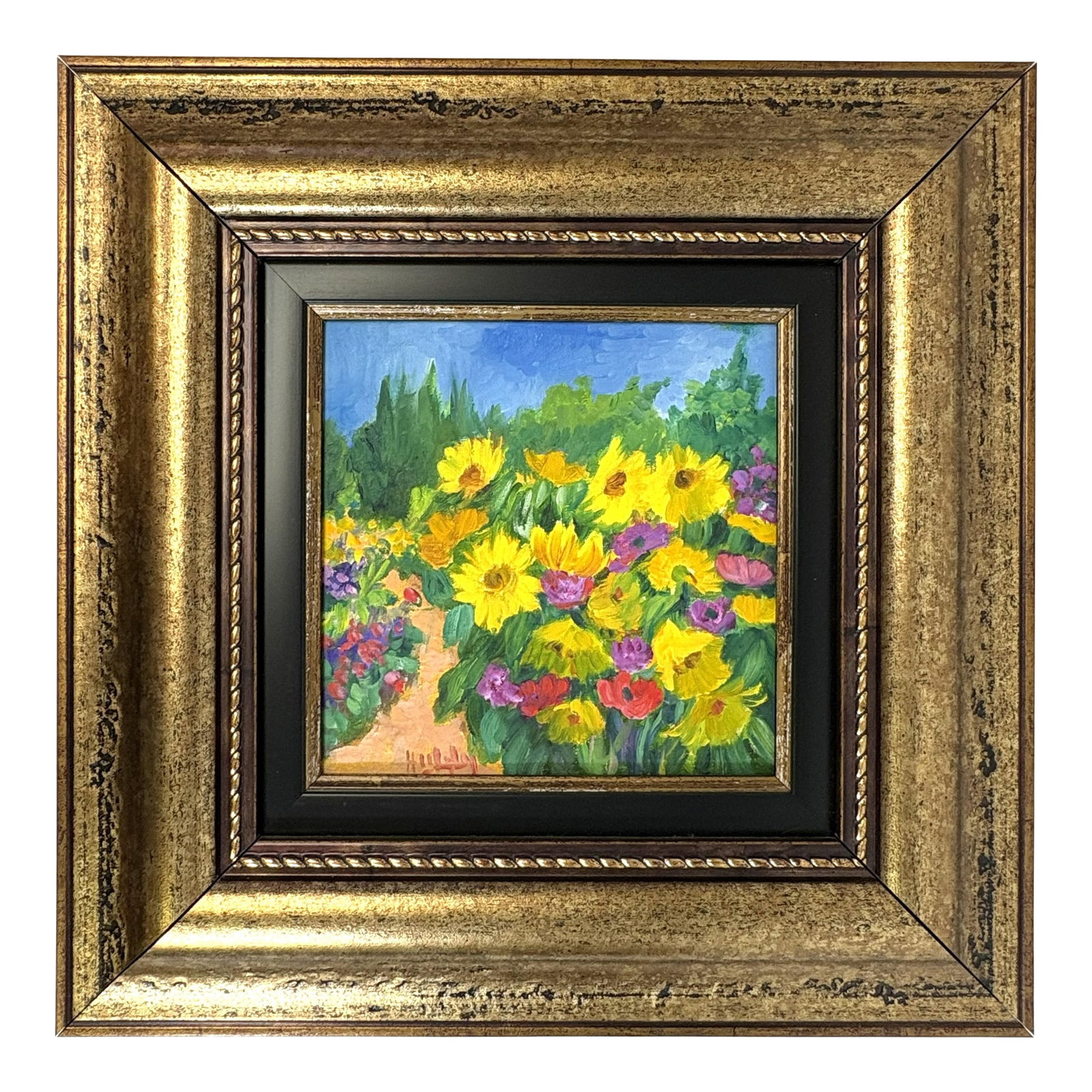 Original Signed Framed Acrylic Painting on Canvas Depicting a Flower Garden: Lovely signed original acrylic painting on canvas. It is beautifully rendered in short quick brushstrokes with bright colors and depicts a garden of flowers. It is illegibly signed along the bottom