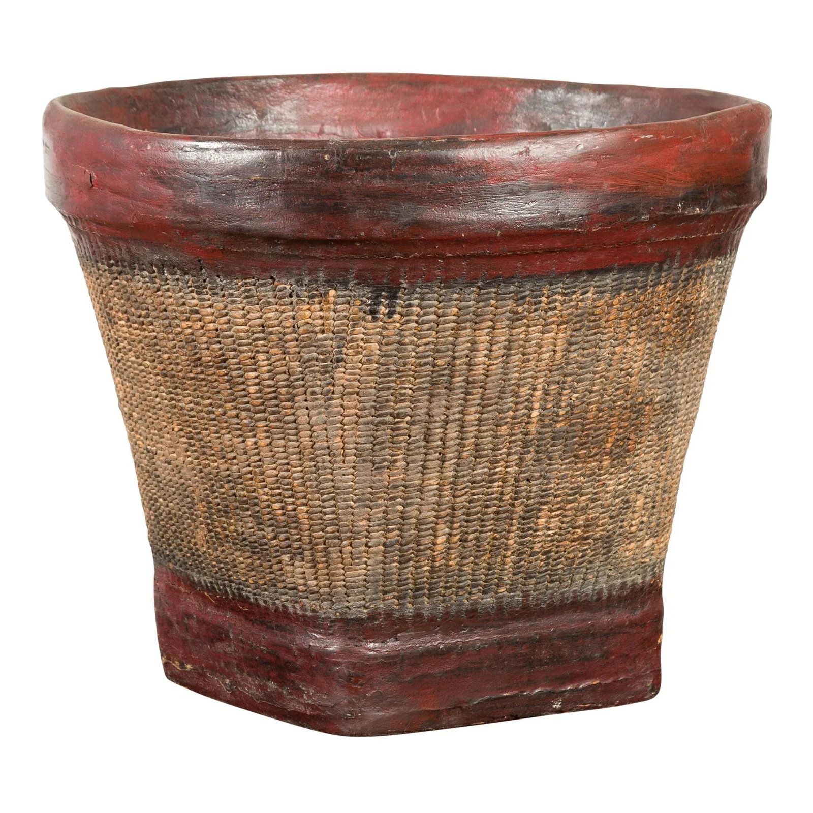 Thai 19th Century Rustic Hand-Woven Rattan Rice Basket with Red Rim - 11