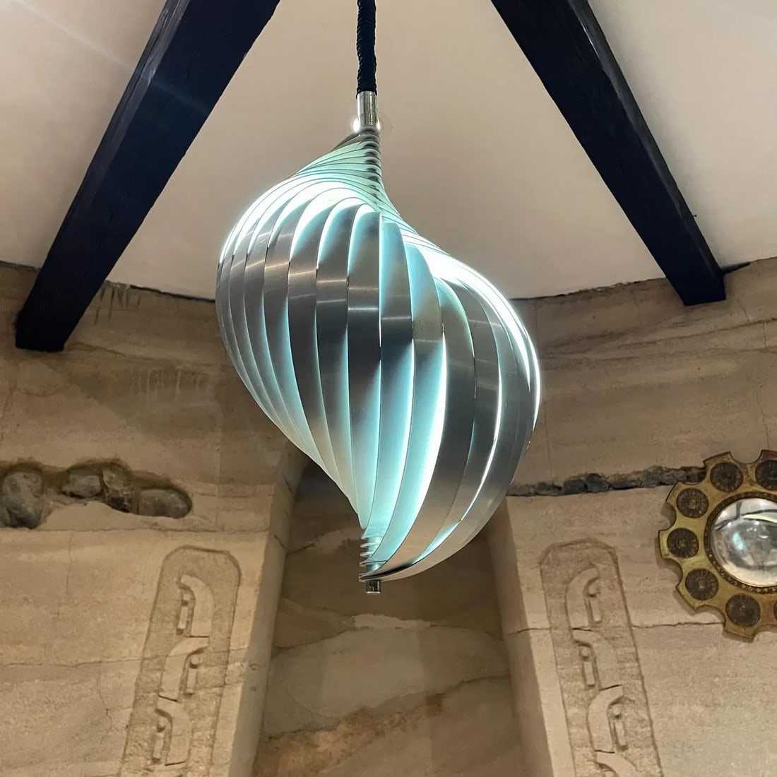 1970s French Aluminum Spiral Ceiling Pendant Twist Lamp Henri Mathieu France - 2