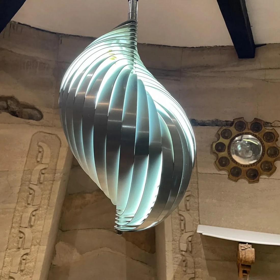 1970s French Aluminum Spiral Ceiling Pendant Twist Lamp Henri Mathieu France - 4