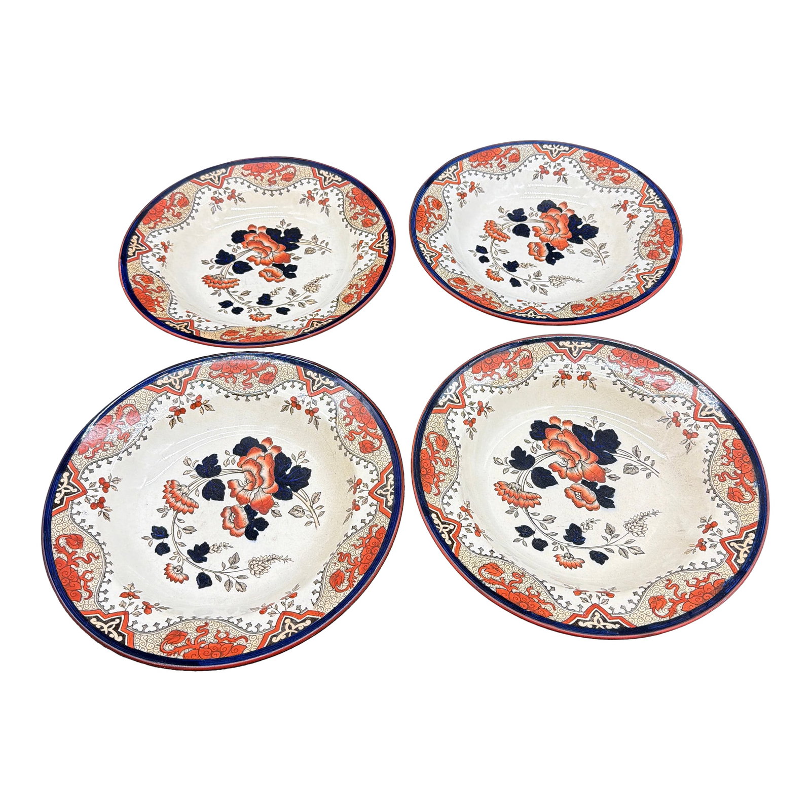 A Set of 4 Antique Doulton's Alma Pattern Soup Plates, Circa 1880's: A Set of 4 Antique Doulton's Alma Pattern Soup Plates, Circa 1880's Made by the Doulton & Co., Burslem (Staffordshire, England). 1882-1892 4 soup plates Size: 9 1/2" across, and 1 1/2" tall.