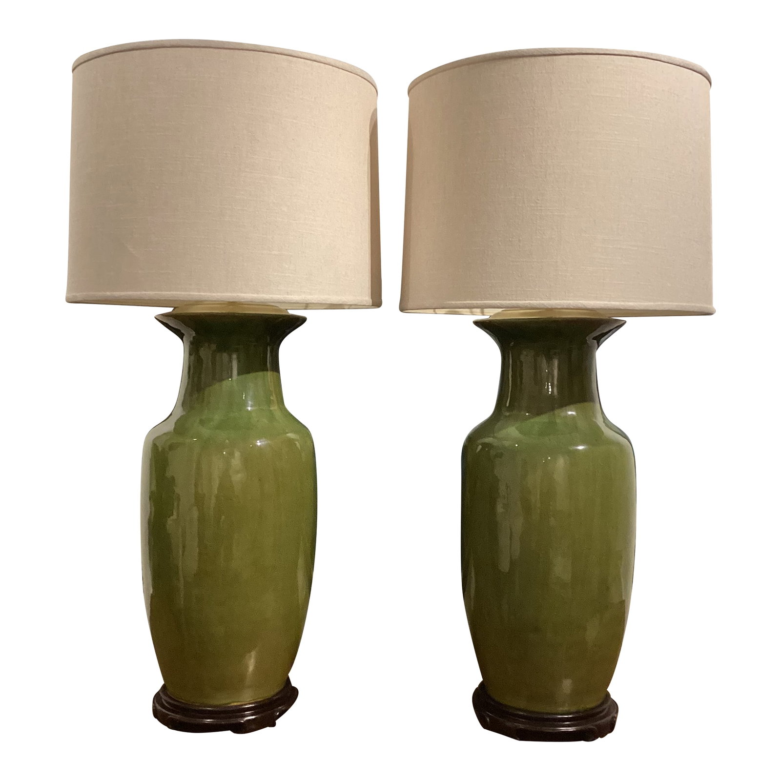 Late 20th Century Hollywood Regency Monumental Olive Green Ceramic Lamps With Satin Brass Hardware a (1 of 11)