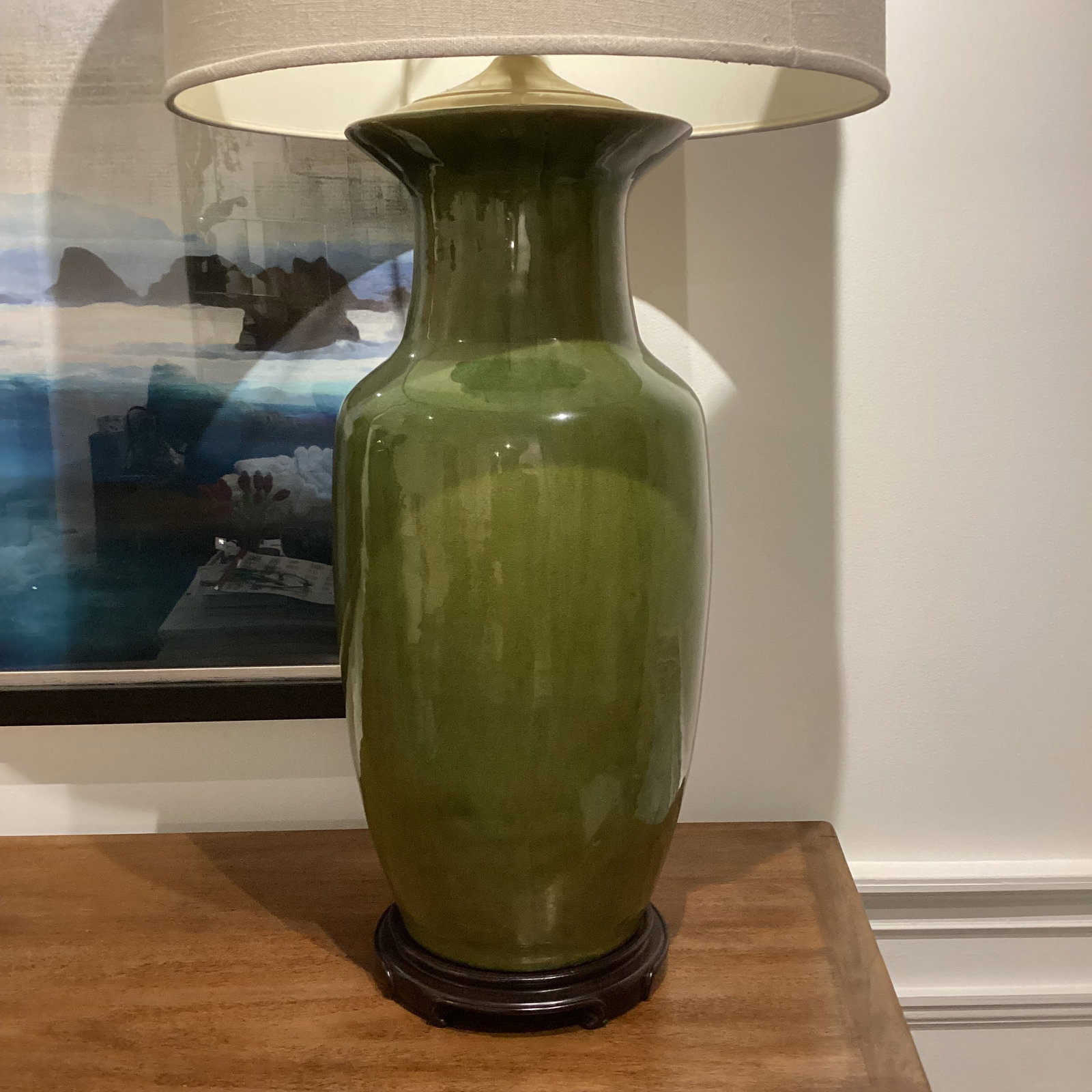 Late 20th Century Hollywood Regency Monumental Olive Green Ceramic Lamps With Satin Brass Hardware a - 4