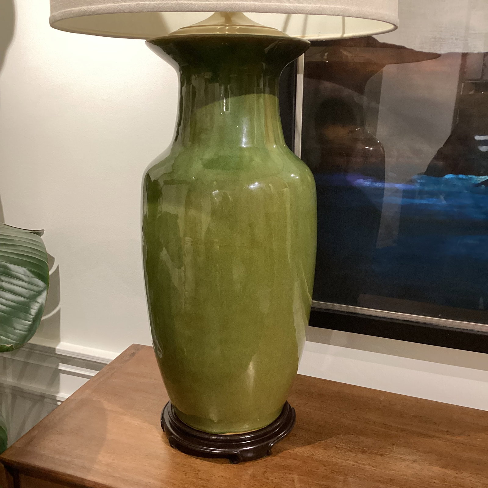 Late 20th Century Hollywood Regency Monumental Olive Green Ceramic Lamps With Satin Brass Hardware a - 5