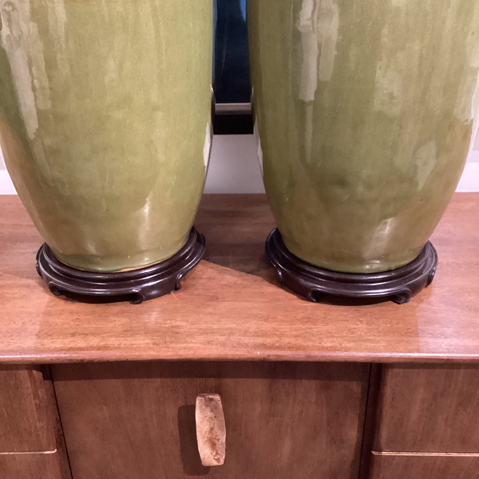 Late 20th Century Hollywood Regency Monumental Olive Green Ceramic Lamps With Satin Brass Hardware a - 6