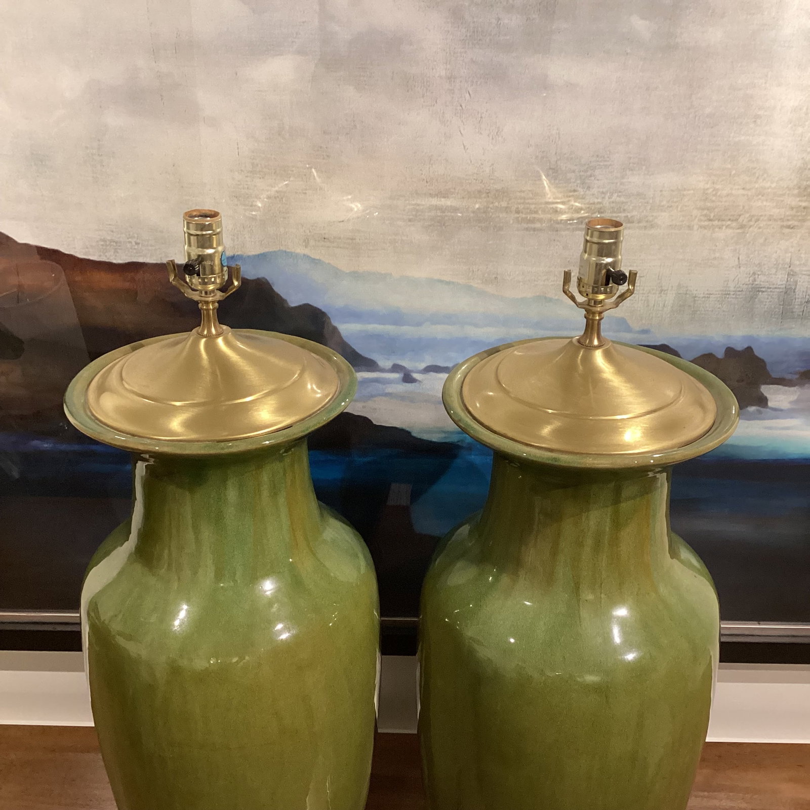 Late 20th Century Hollywood Regency Monumental Olive Green Ceramic Lamps With Satin Brass Hardware a - 7