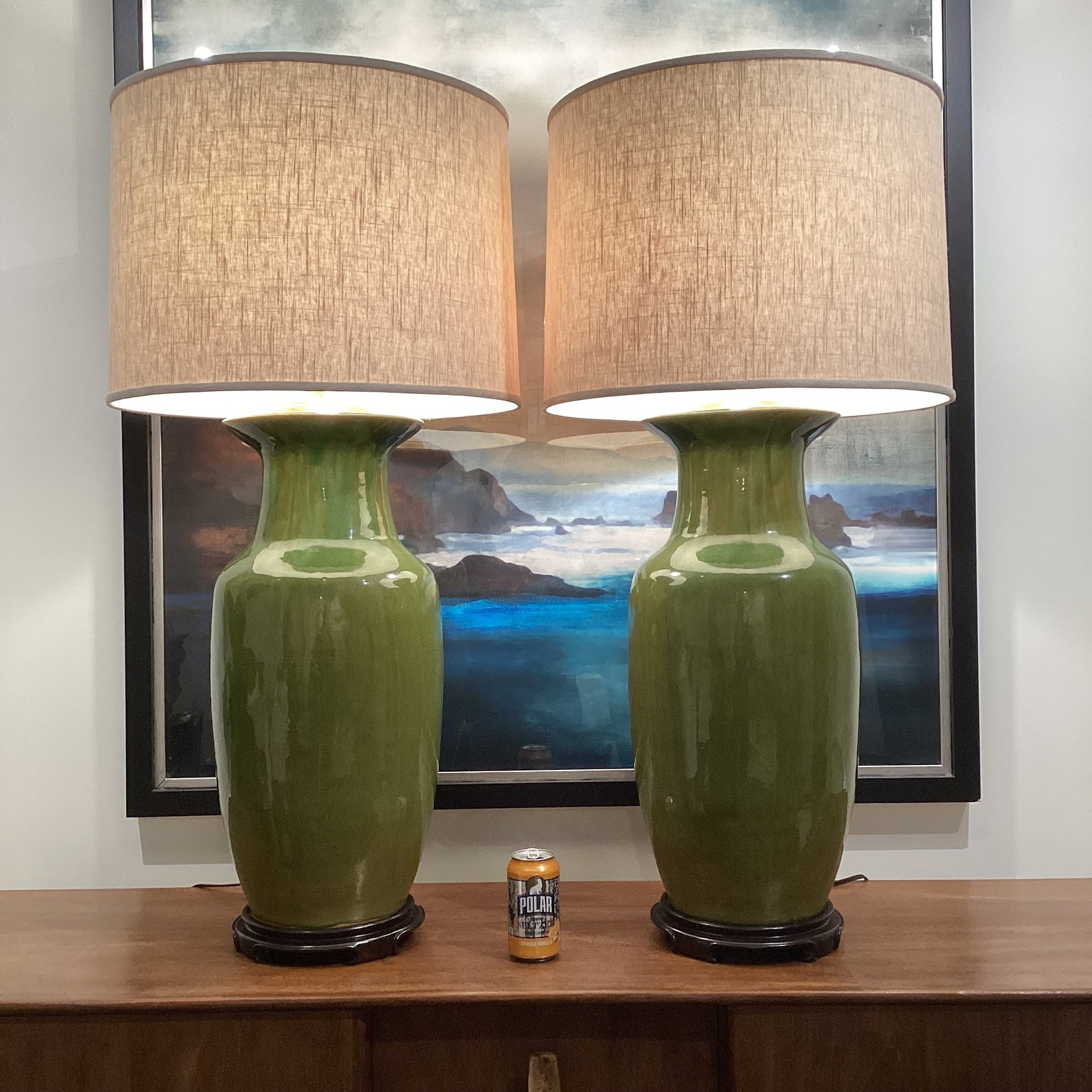 Late 20th Century Hollywood Regency Monumental Olive Green Ceramic Lamps With Satin Brass Hardware a - 9