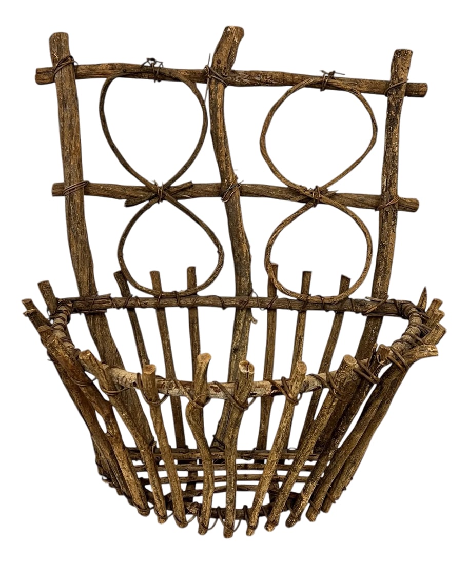 Vintage Farmhouse, Cabin, Lodge, Handmade Twig Flat Back Wall Basket: Vintage monumental size grapevine farmhouse, cabin, lodge, rustic flat back wall planter basket. Measures 25" w 17" d x 30" h. Will sit on its own so could be used as tabletop or wall hanging.