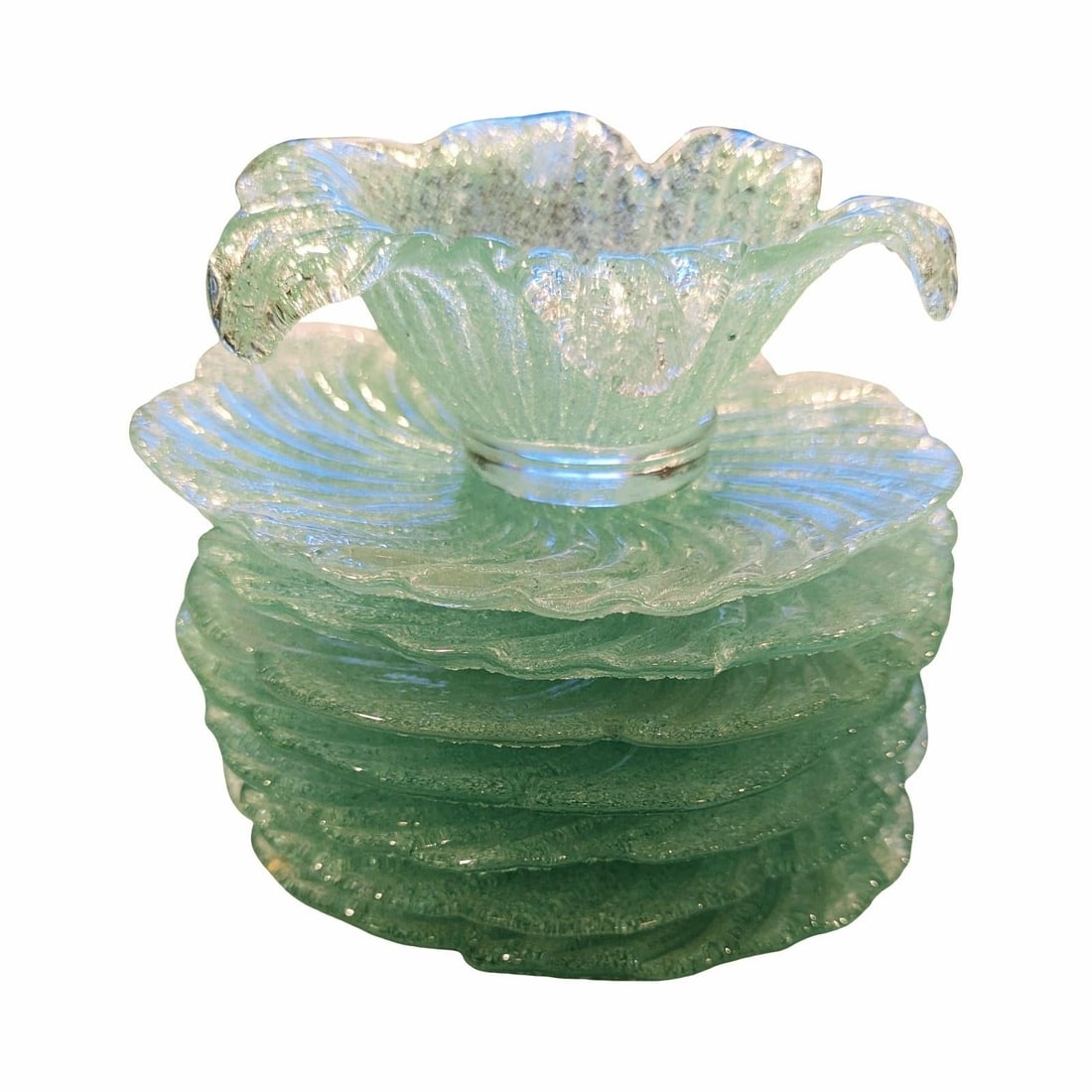 Murano "Fratelli Toso" Sea Foam Green Glass 7 Salad Plates and 5 Petal Shaped Fruit Bowls - 4
