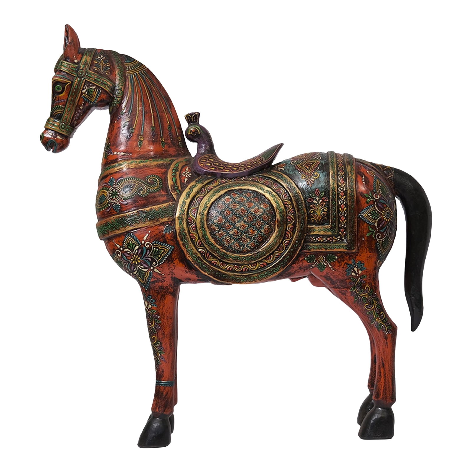 1940s Handcrafted White Wooden Horse Statue | Jeweled Indian Royal Equestrian Sculpture | Art Deco W: Bring the majesty of a royal horse into your living space with this breath taking hand carved painted masterpiece. This 24 inch tall large horse sculpture serves as a commanding focal point, blending 