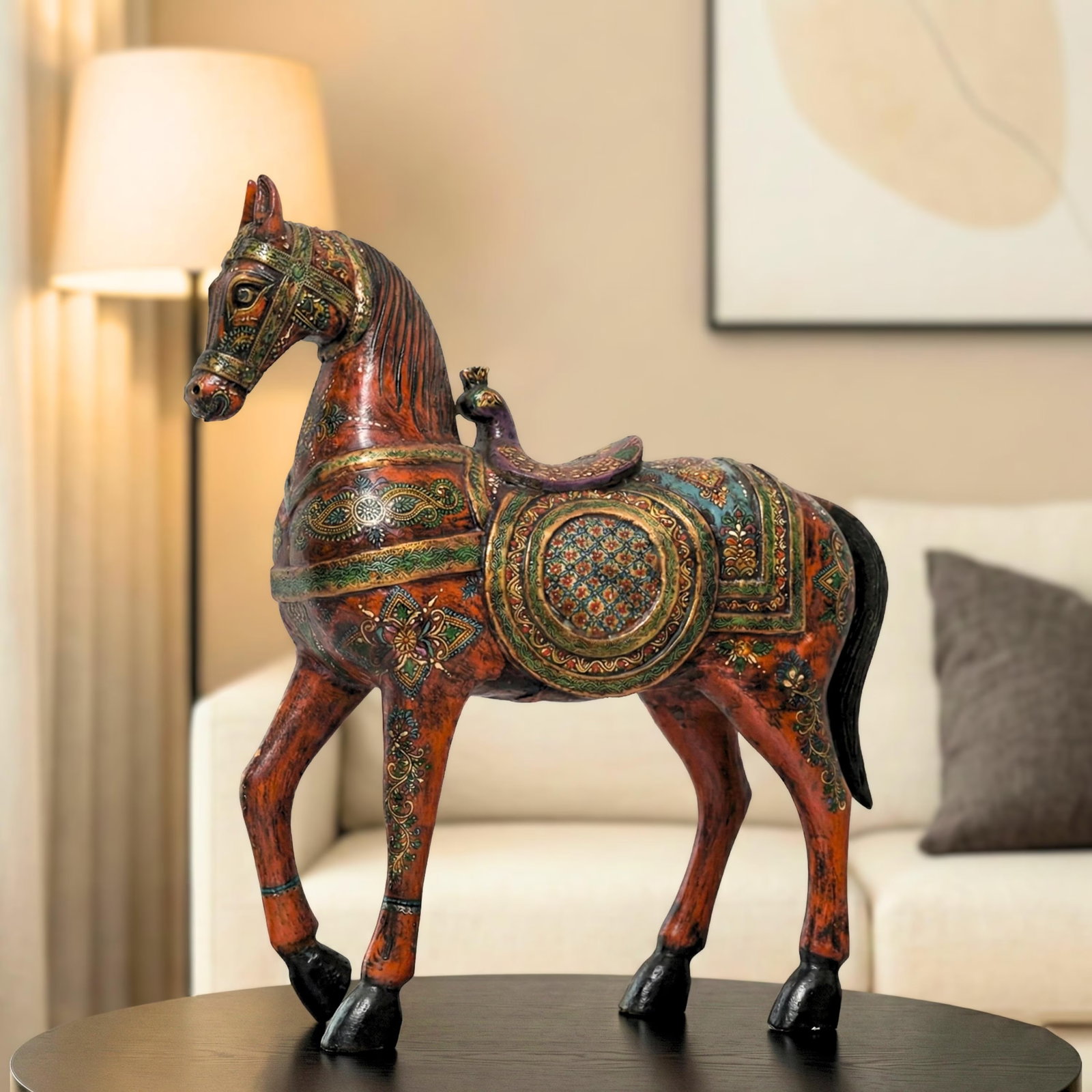 1940s Handcrafted White Wooden Horse Statue | Jeweled Indian Royal Equestrian Sculpture | Art Deco W - 2