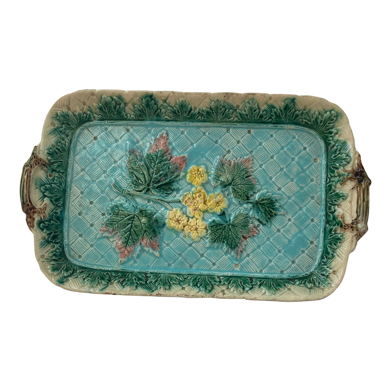 1900s Flower & Leaf Decorated Victorian Ceramic Majolica Platter: Flower and and leaf decorated Victorian majolica ceramic serving platter Condition: Alterations: Original Condition Unaltered Imperfections: Some Imperfections Condition Notes: Good. Materials & T