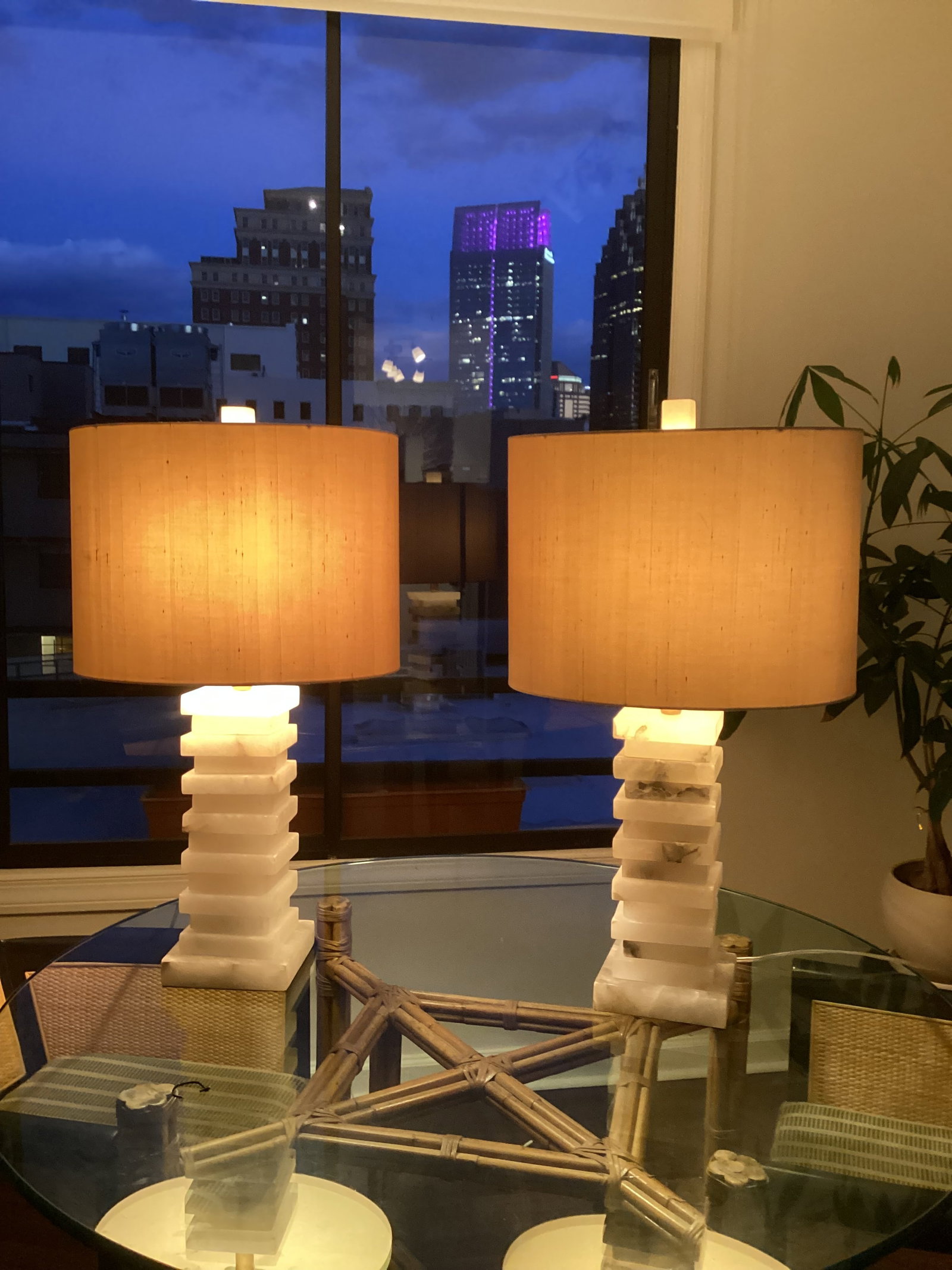 John-Richard Stacked Alabaster Column Table Lamps With Raw Silk Shades - a Pair - 2