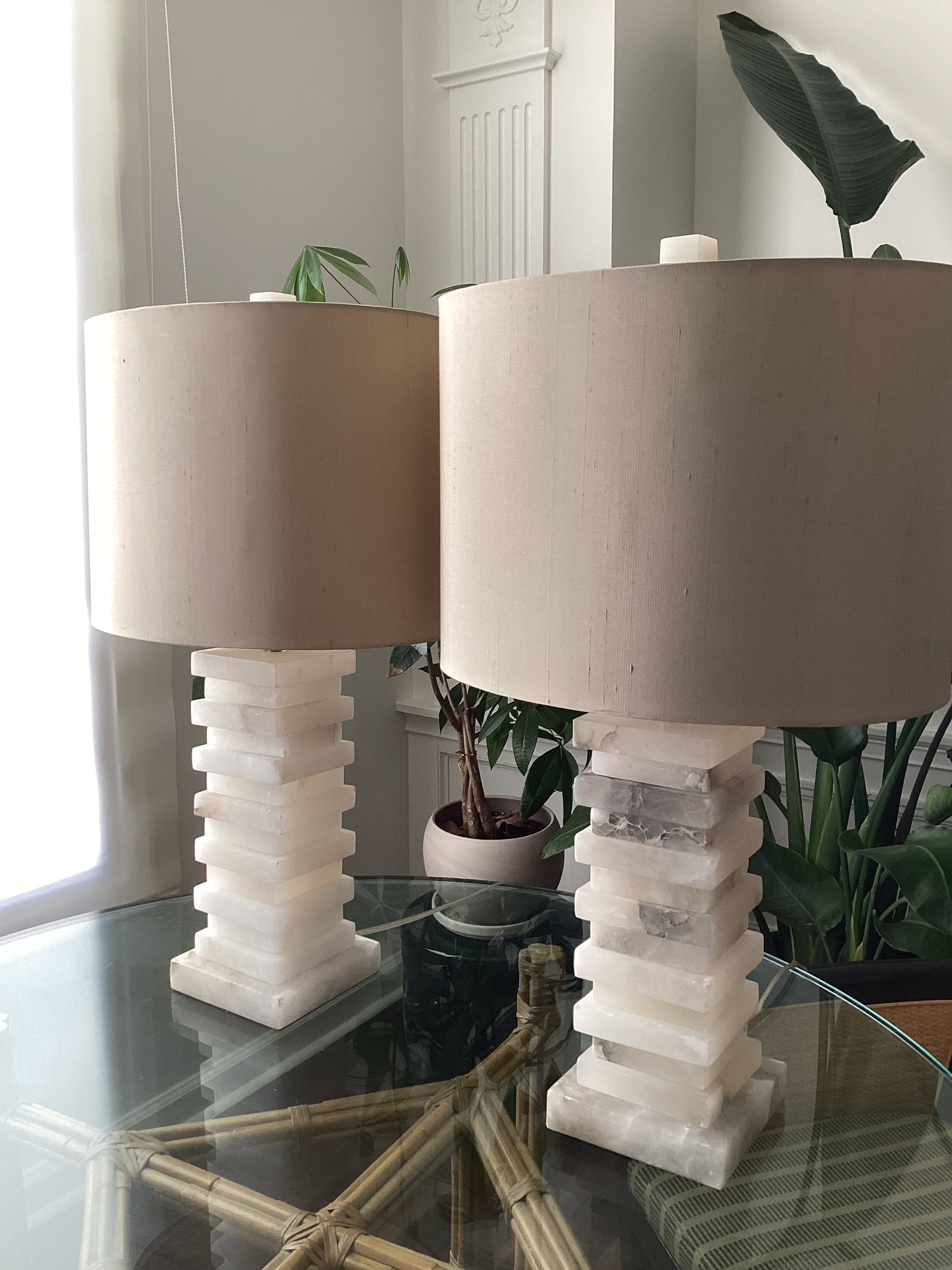 John-Richard Stacked Alabaster Column Table Lamps With Raw Silk Shades - a Pair - 3