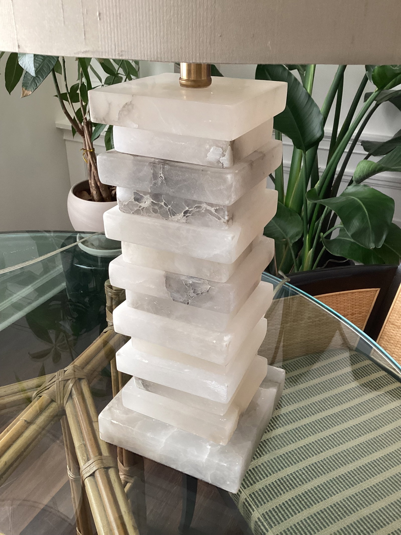 John-Richard Stacked Alabaster Column Table Lamps With Raw Silk Shades - a Pair - 4