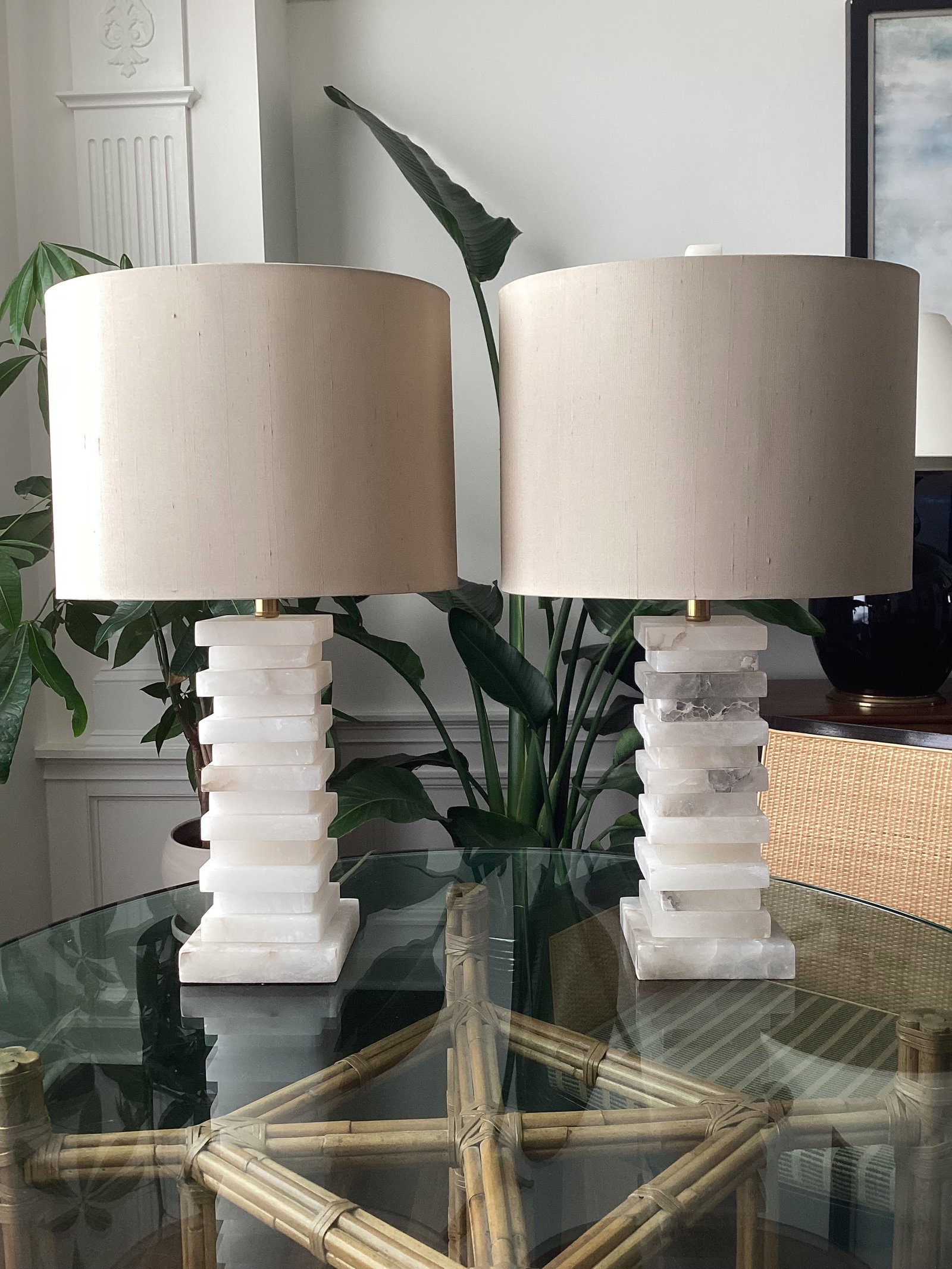 John-Richard Stacked Alabaster Column Table Lamps With Raw Silk Shades - a Pair - 7