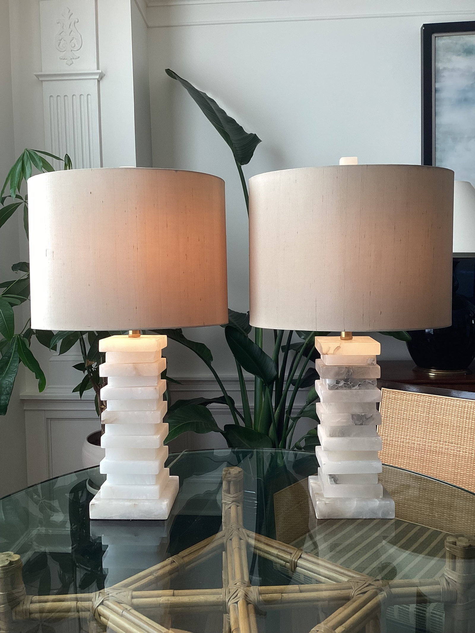 John-Richard Stacked Alabaster Column Table Lamps With Raw Silk Shades - a Pair - 8