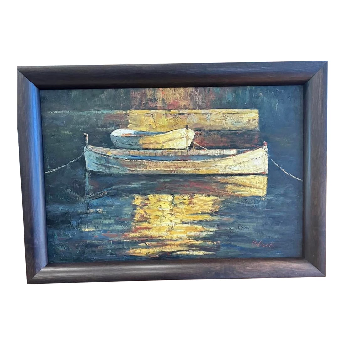 Vintage Impasto Harbor Scene Oil Painting – "Black" – Framed Nautical Composition: Discovered within a private estate and preserved in its original frame, this evocative harbor scene"”signed "Black""”captures the quiet poetry of working boats at rest, rendered in a