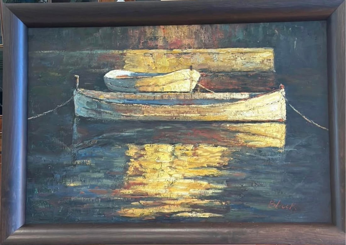 Vintage Impasto Harbor Scene Oil Painting – "Black" – Framed Nautical Composition - 2