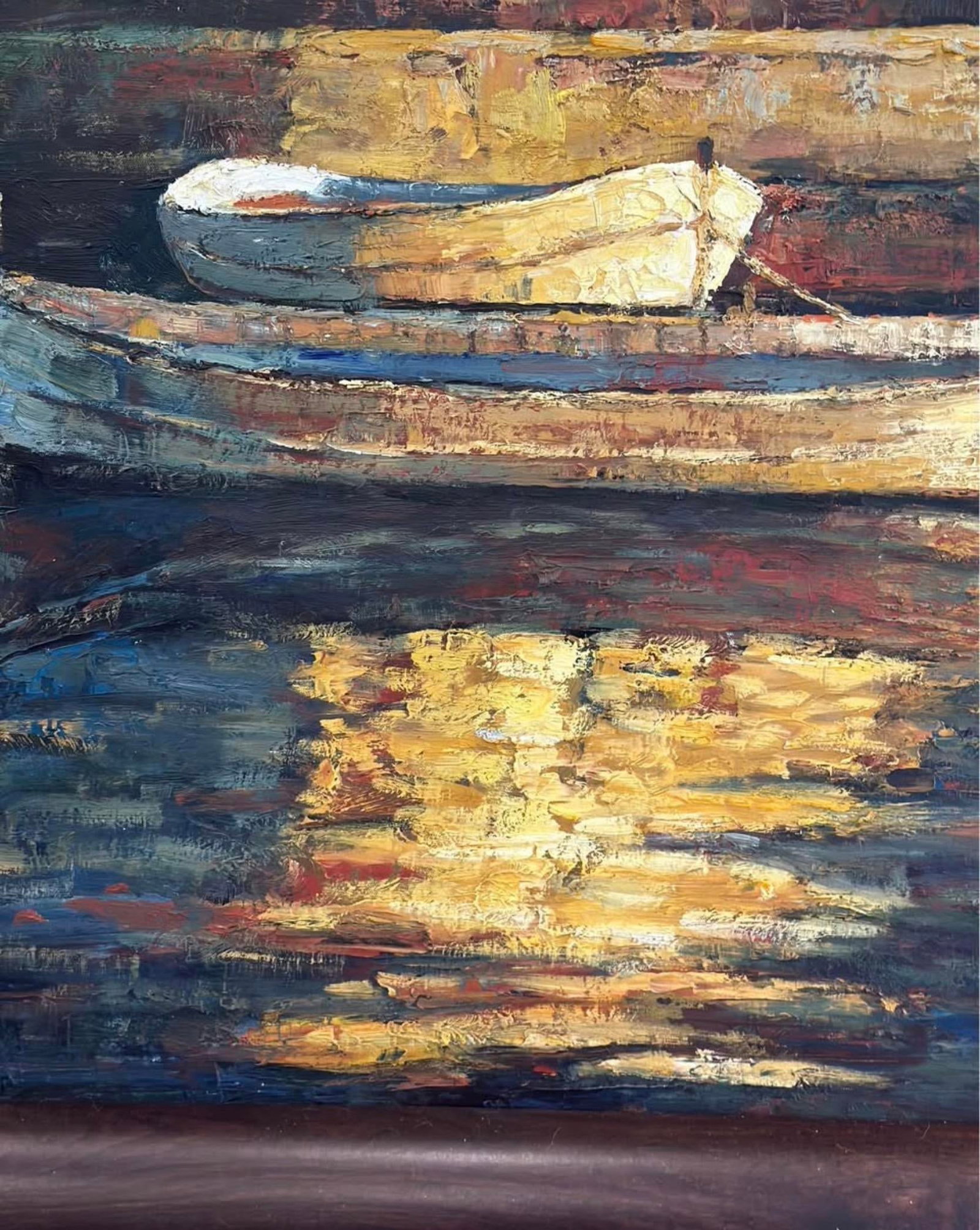 Vintage Impasto Harbor Scene Oil Painting – "Black" – Framed Nautical Composition - 3