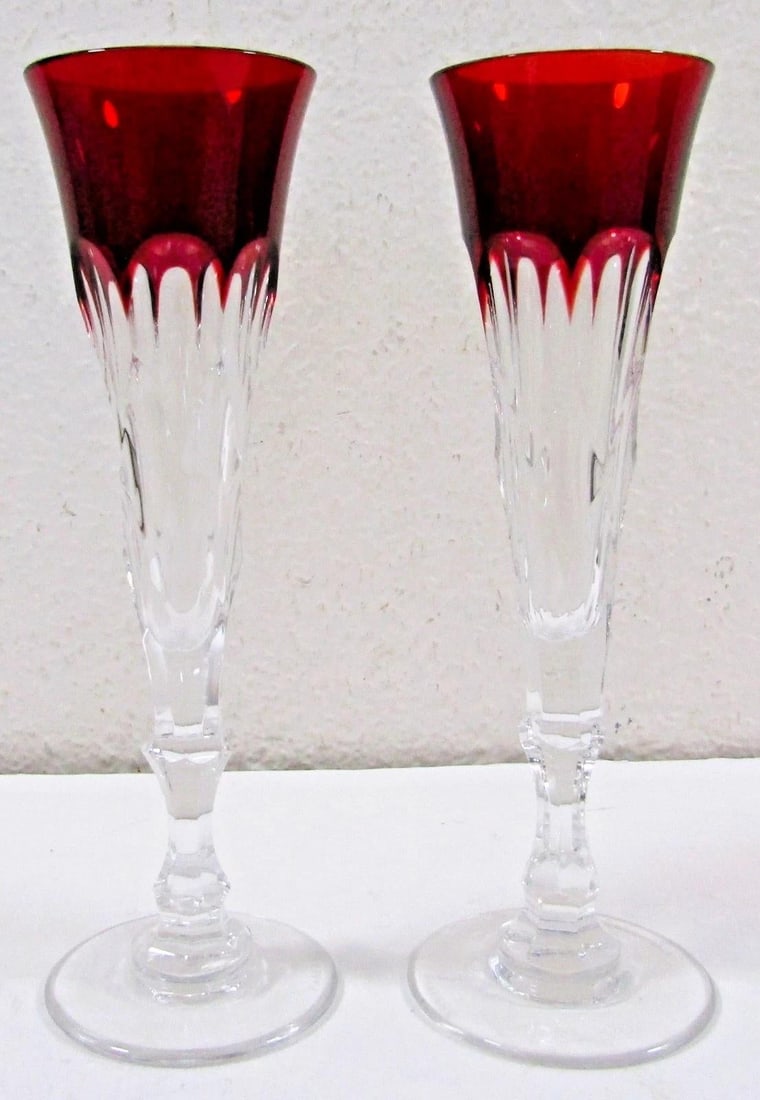 1980s Faberge Xenia Ruby Red Crystal Champagne Flutes - Set of Two With Presentation Box - 2