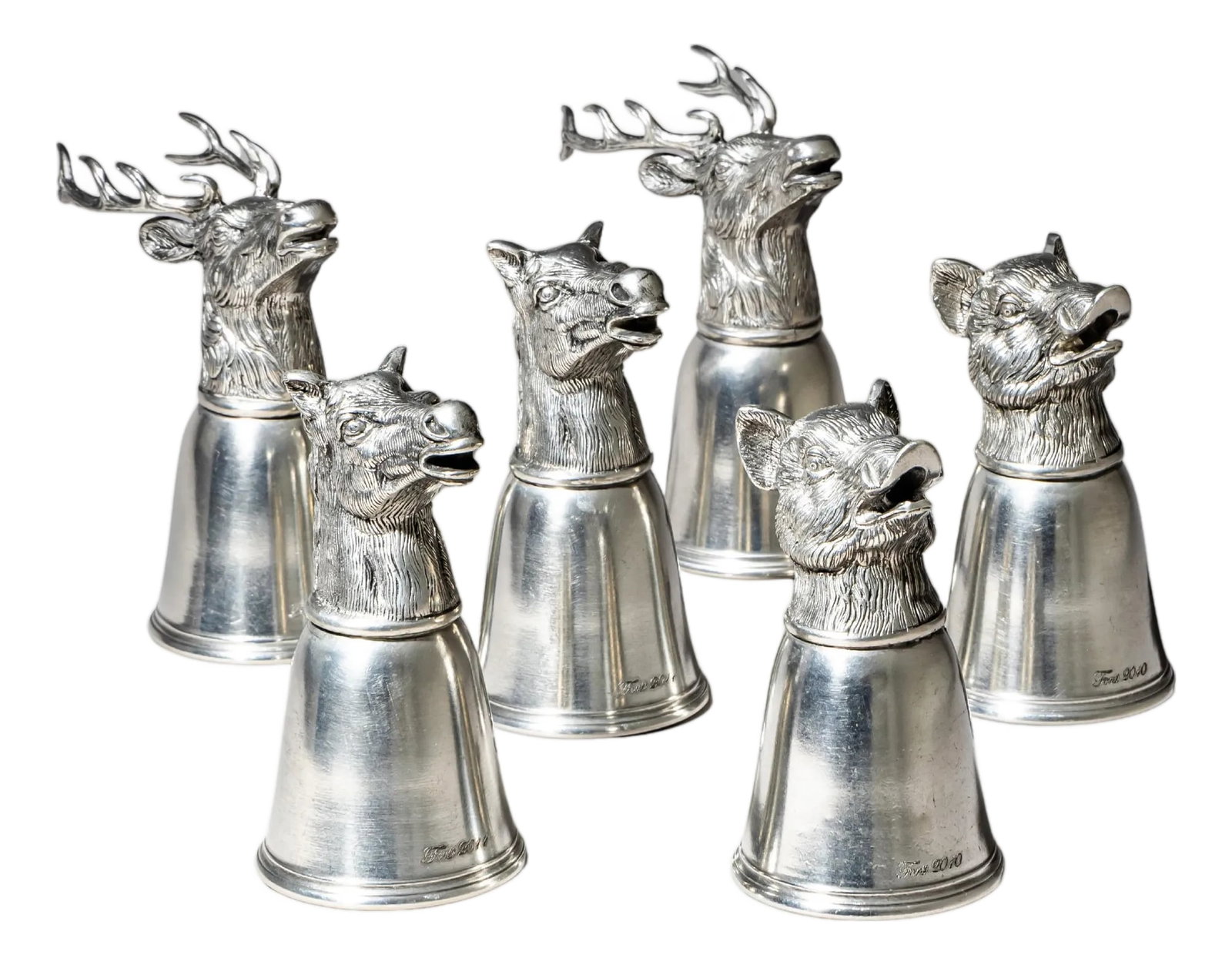 Late 20th Century Set of Six Pewter Stirrup Cups by Forst, Italy: Set of six pewter stirrup cups (marked 95% pewter) made by the Italian manufacturer Forst in the 1970s. Each cup features a finely modeled animal head as its base: two wild boars, two stags, and two