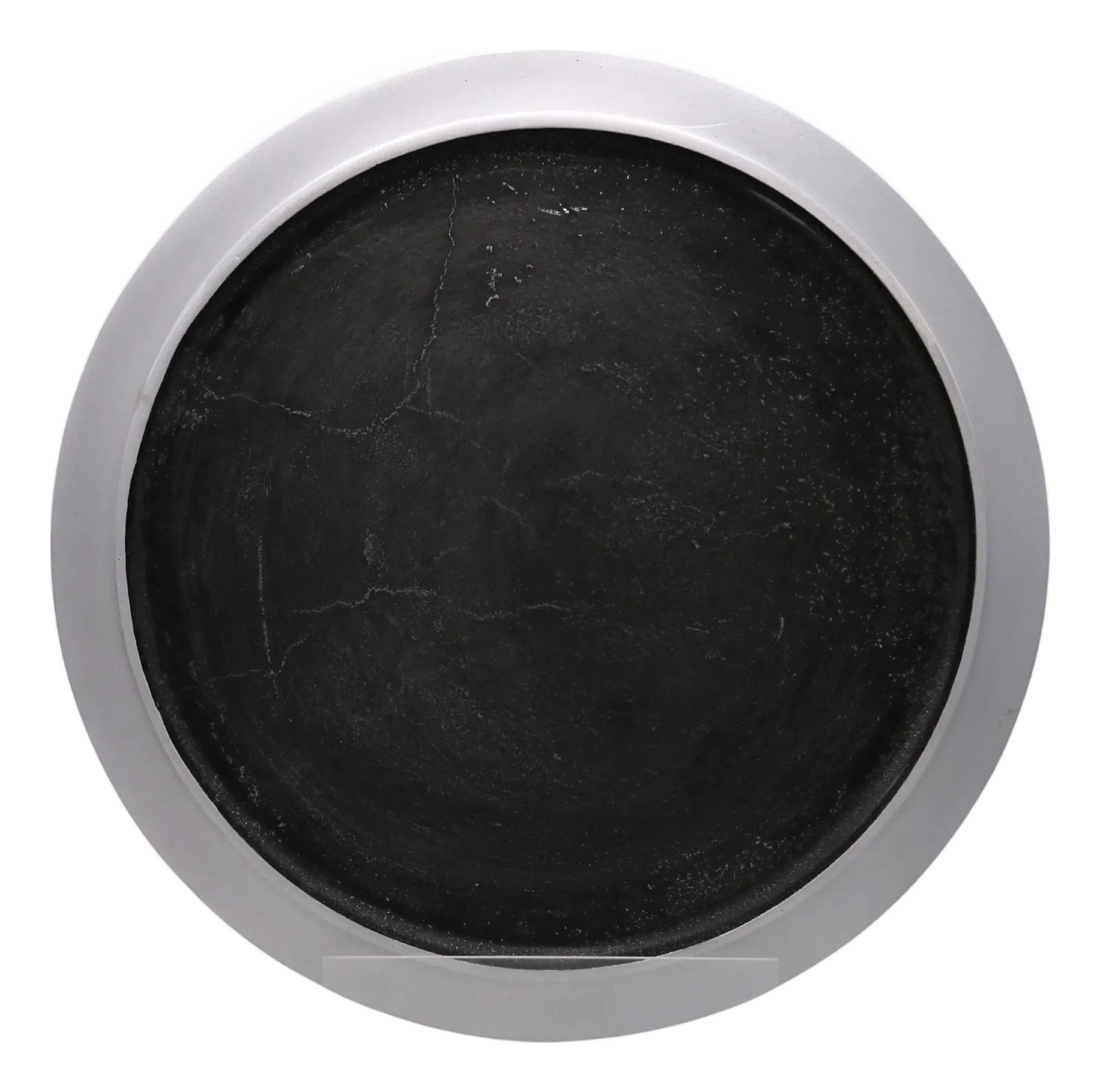 1970s Modernist Round Tray by Lorenzo Burchiellaro: A Modernist round tray by artist Lorenzo Burchiellaro. Textured cast aluminum. Signed Burchiellaro. Condition: Alterations: Original Condition Unaltered Imperfections: Some Imperfections Condition
