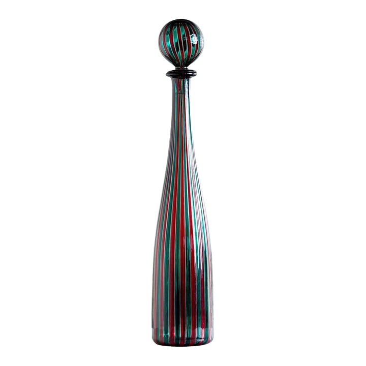 Red-green Carafe by Venini, Italy 1990: Large Venini carafe with slightly bellied body and a spherical stopper. The carafe is decorated with green and red stripes and signed 'Venini 90' on the base. Condition: Alterations: Original