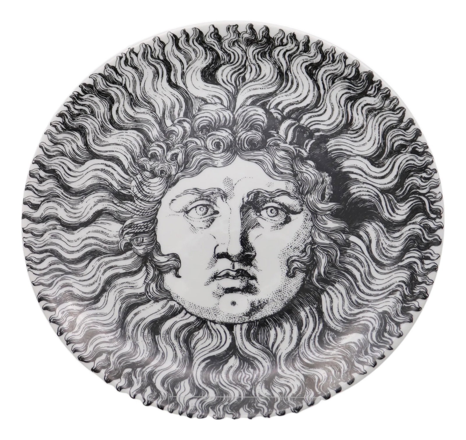 1990s Re Sole' Fornasetti Modernist Charger: Re Sole' Barnaba Fornasetti large plate. Made by Fornasetti, Milan Porcelain, white, glazed, black and white lithographed pattern. Marked: Maker's mark, FORNASETTI MILANO MADE IN ITALY. Condition: