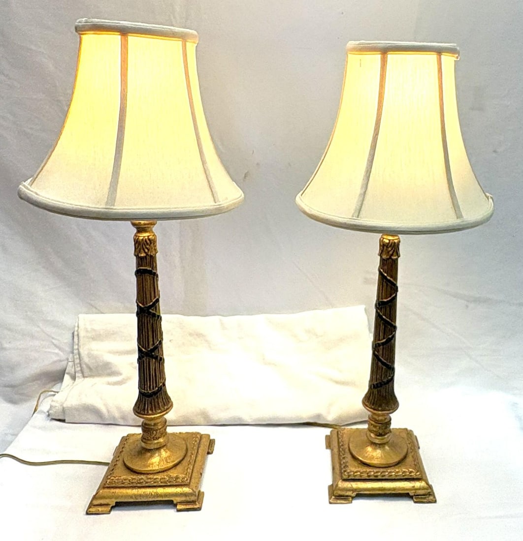 Vintage Hollywood Regency Style Gold Leaf Column Candlestick Lamps- A Pair - 17