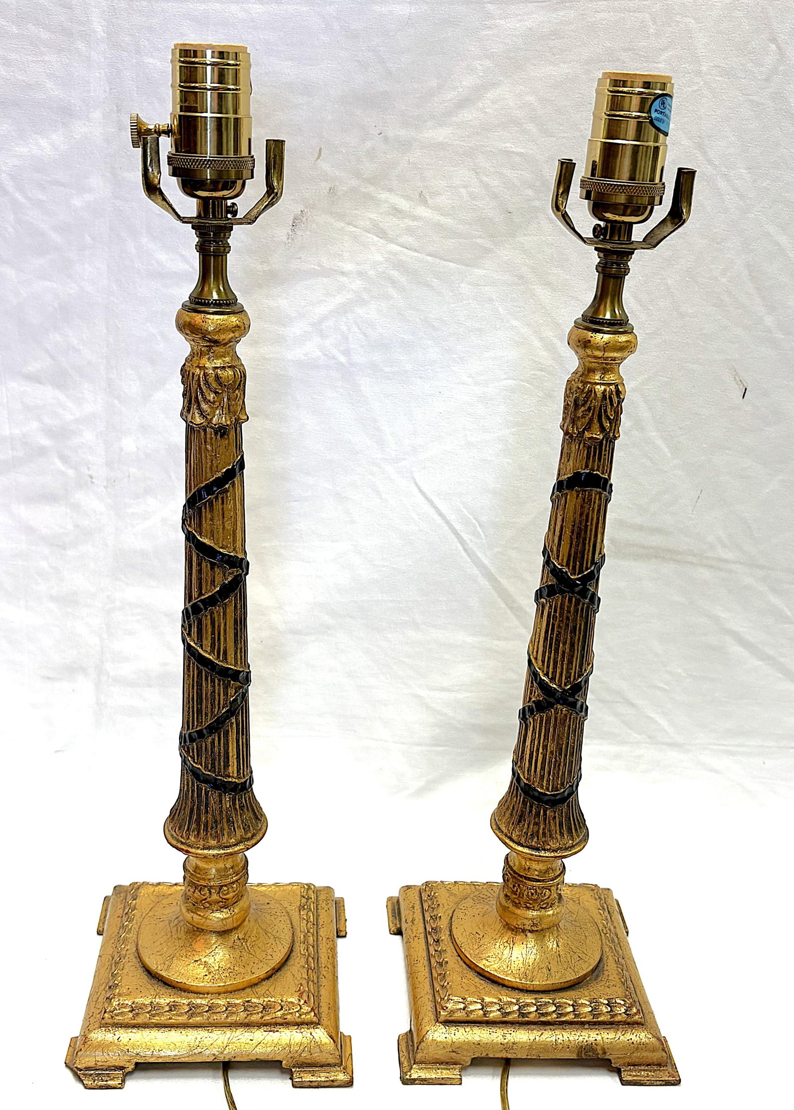 Vintage Hollywood Regency Style Gold Leaf Column Candlestick Lamps- A Pair - 8