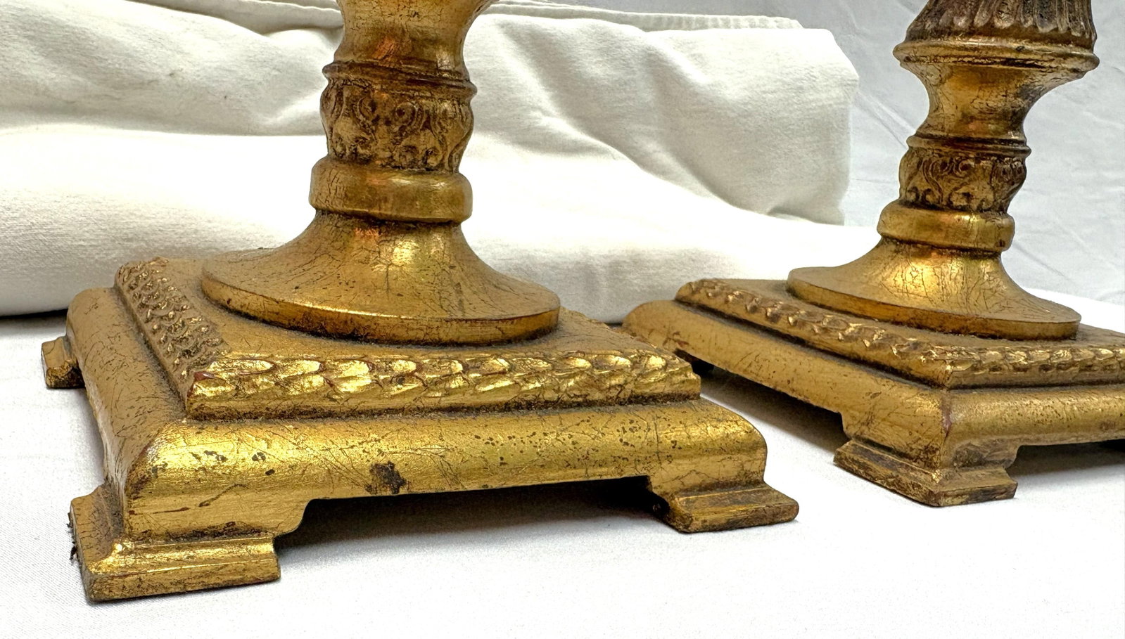Vintage Hollywood Regency Style Gold Leaf Column Candlestick Lamps- A Pair - 9