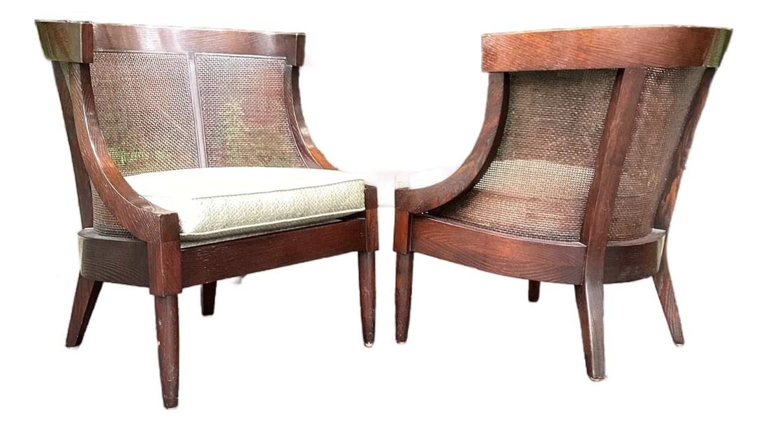 Late 20th Century Dessin Fournir Art Deco Style Cane Accent Chairs – Pair: A striking and architectural pair of vintage Dessin Fournir Art Deco style accent chairs showcasing dramatic curved silhouettes, richly grained dark wood frames, and finely woven cane backs and