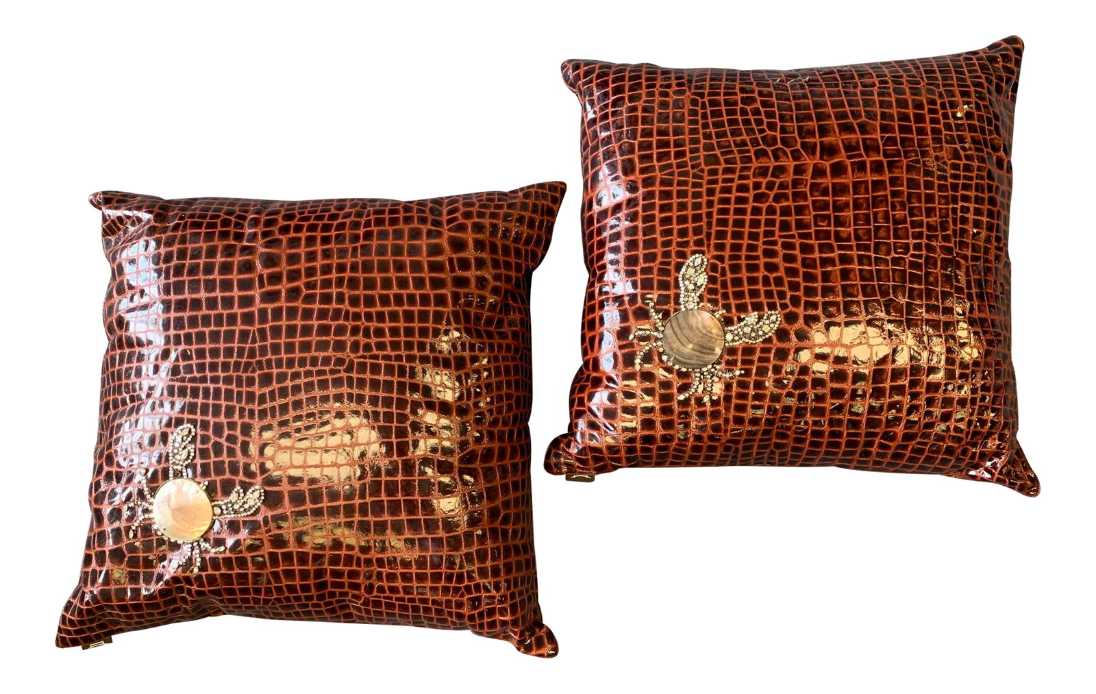 Ankasa Faux Crocodile Embellished Pillows - a Pair: A pair of decorative brown faux crocodile pillows hand embellished with abalone shell and jeweled crabs by ANKASA. Taffeta backing with hidden zip closure. Top quality fill inserts. One crab is