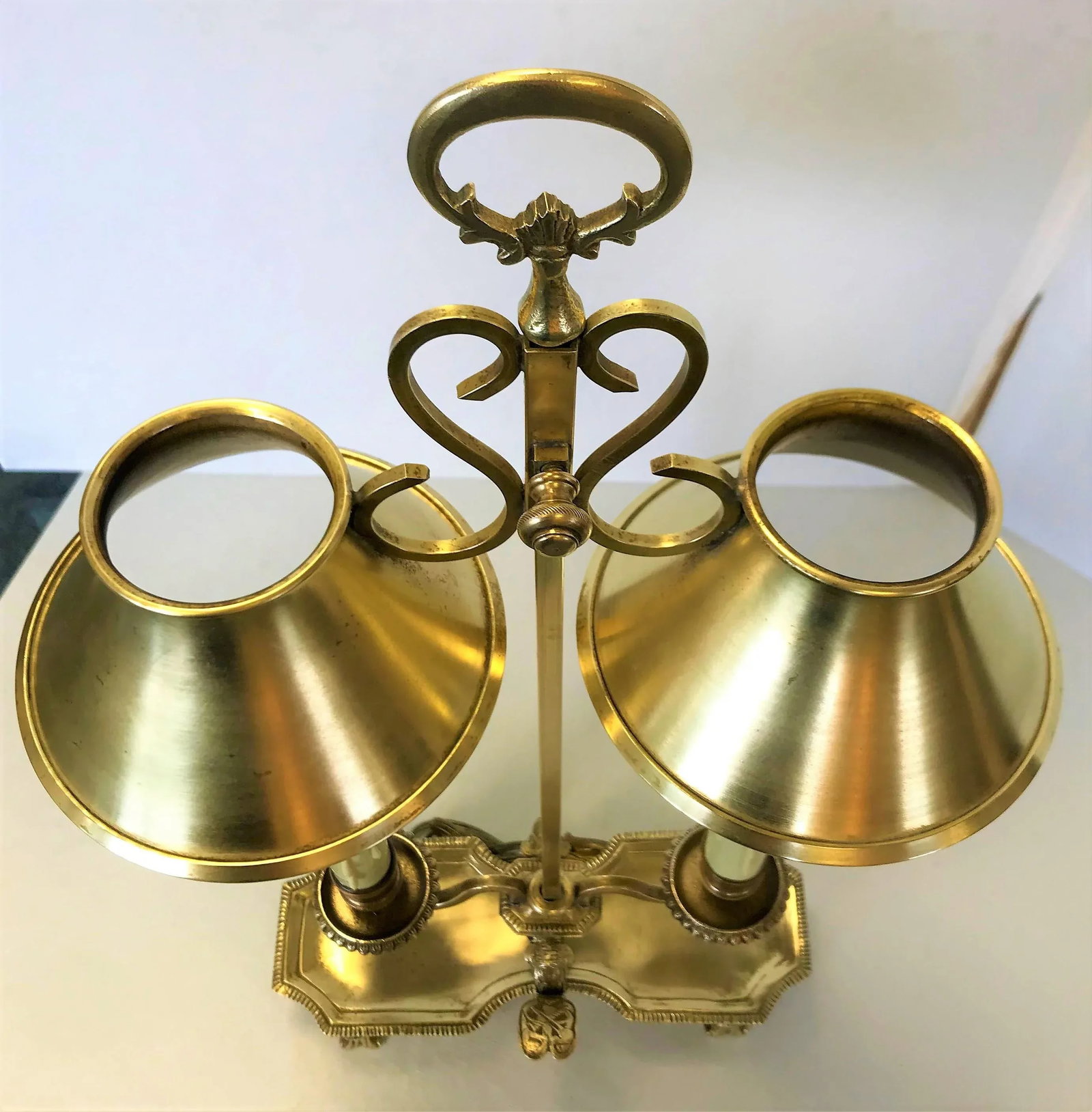Antique Italian Brass Student Oil Lamp Converted to Electric With Adjustable Height Shades - 4